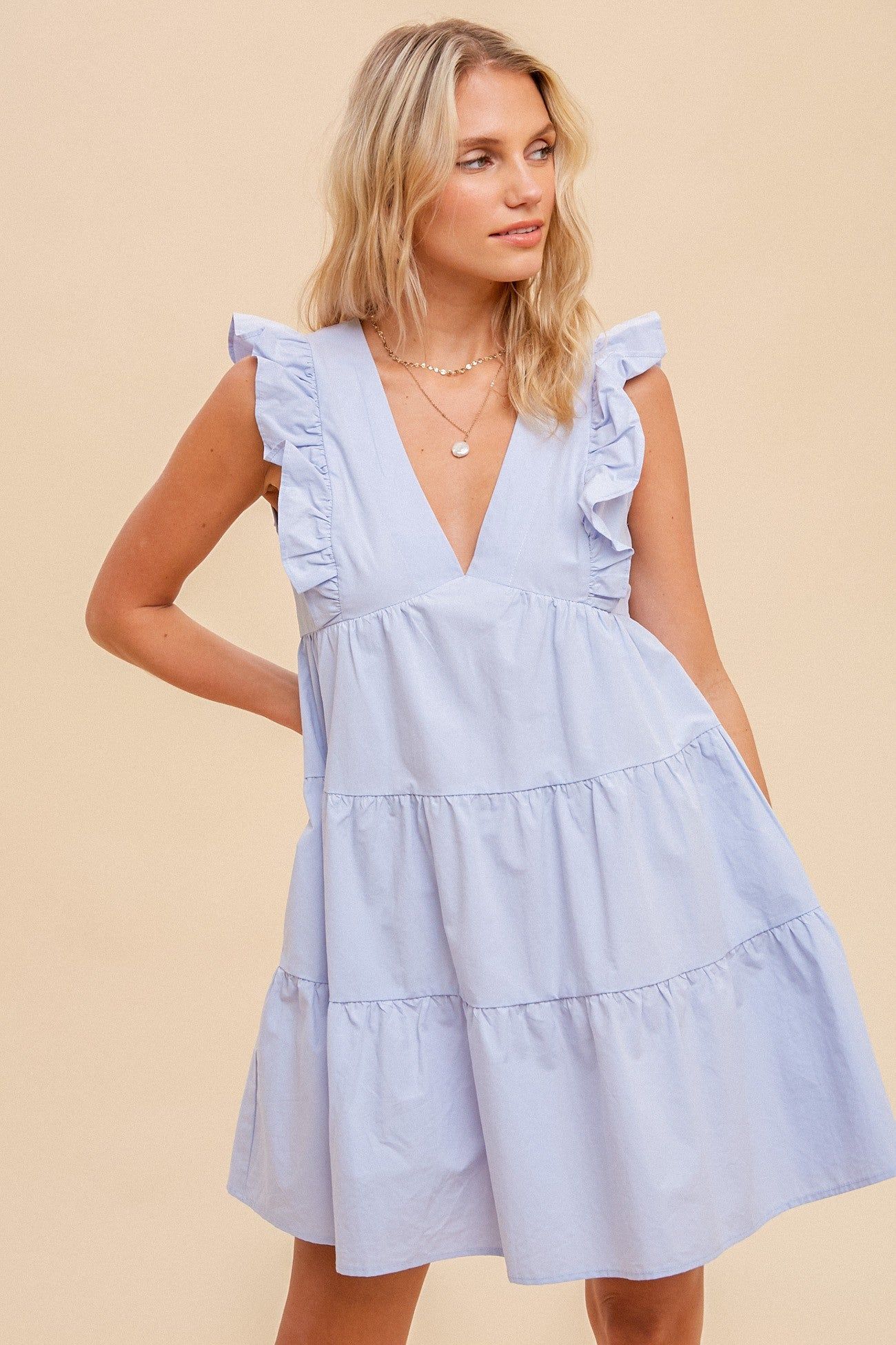 Baby Blue Ruffle Sleeve Tiered Poplin Dress sold by Pinkblush product image thumbnail 2