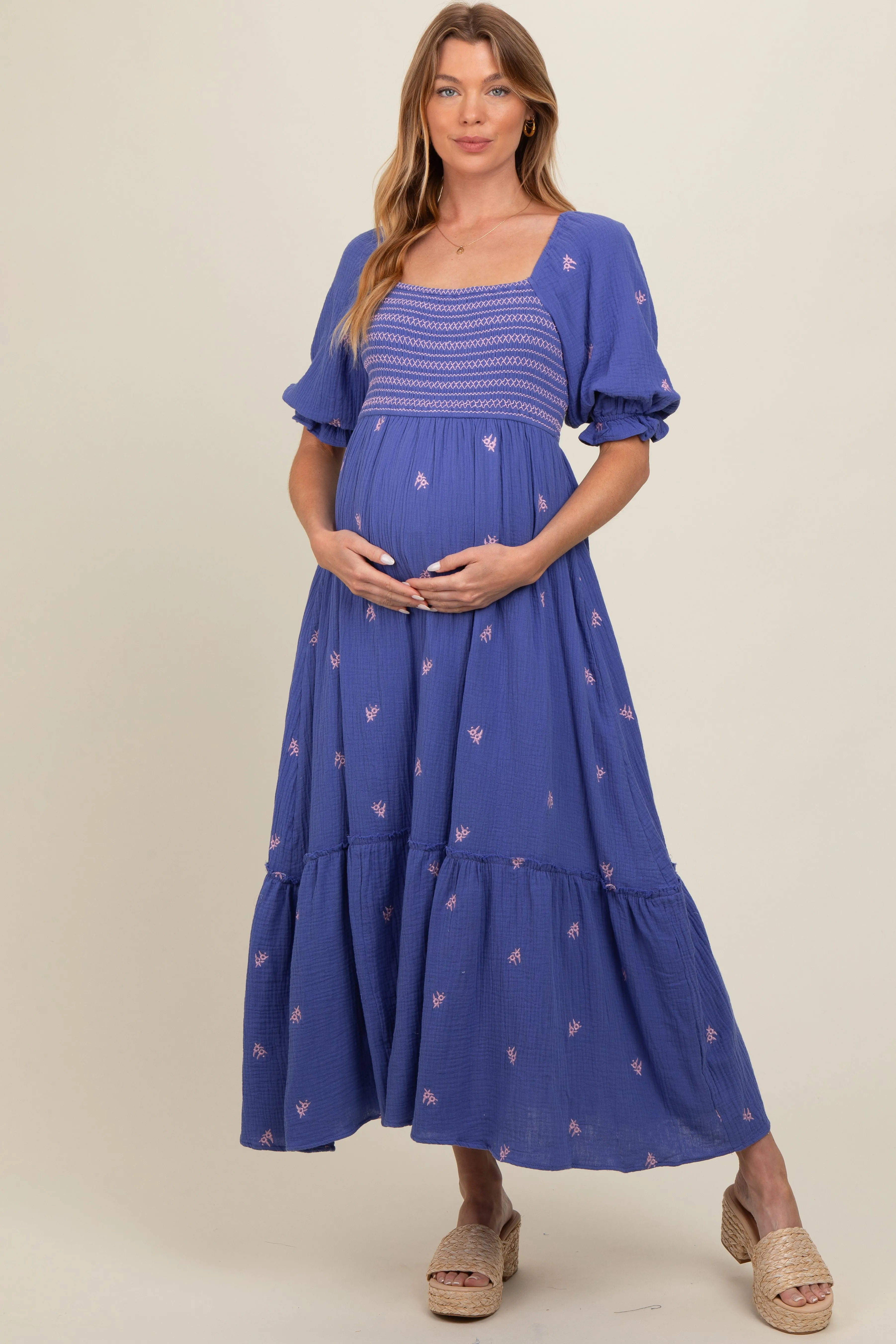 Royal Blue Gauze Smocked Embroidered Square Neck Maternity Midi Dress sold by Pinkblush product image thumbnail 3