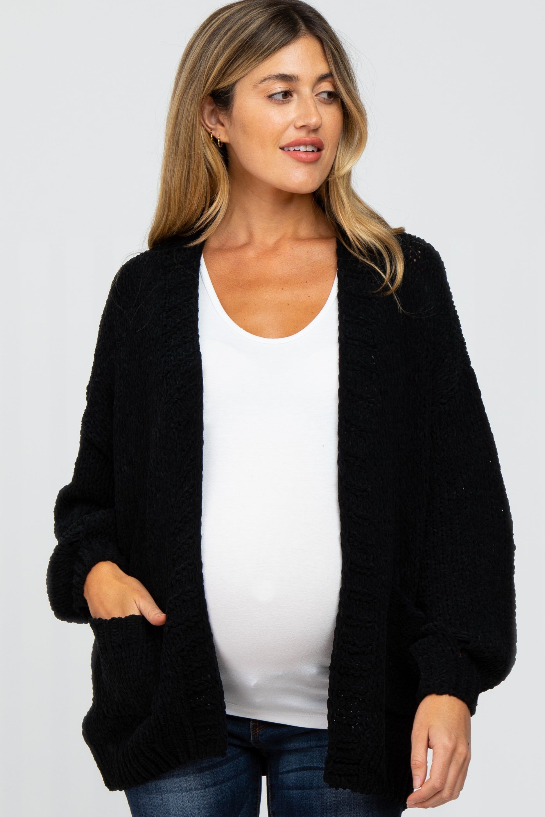 Black Oversized Bubble Sleeve Maternity Cardigan sold by Pinkblush