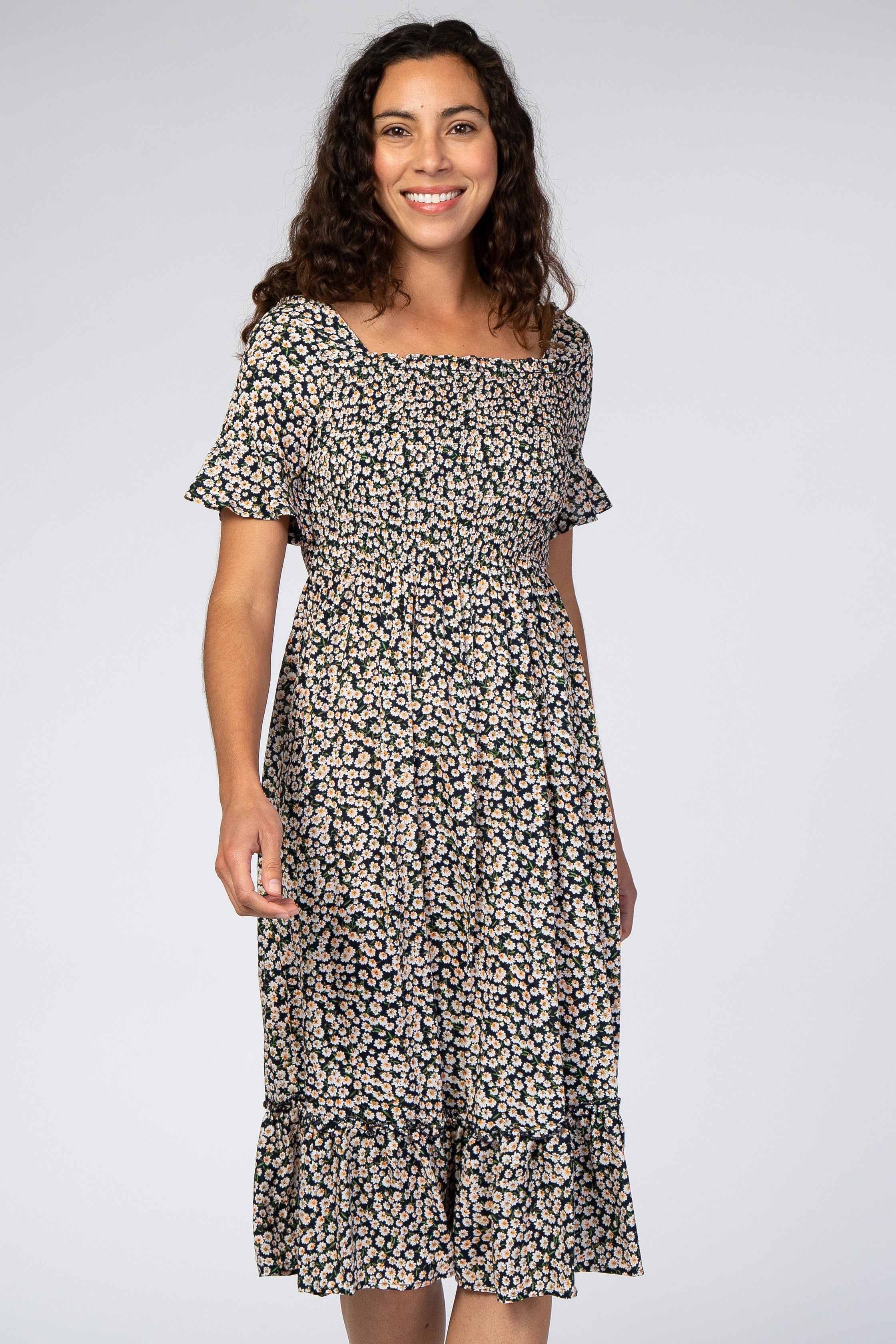 Navy Floral Ruffle Midi Dress sold by Pinkblush product image thumbnail 4