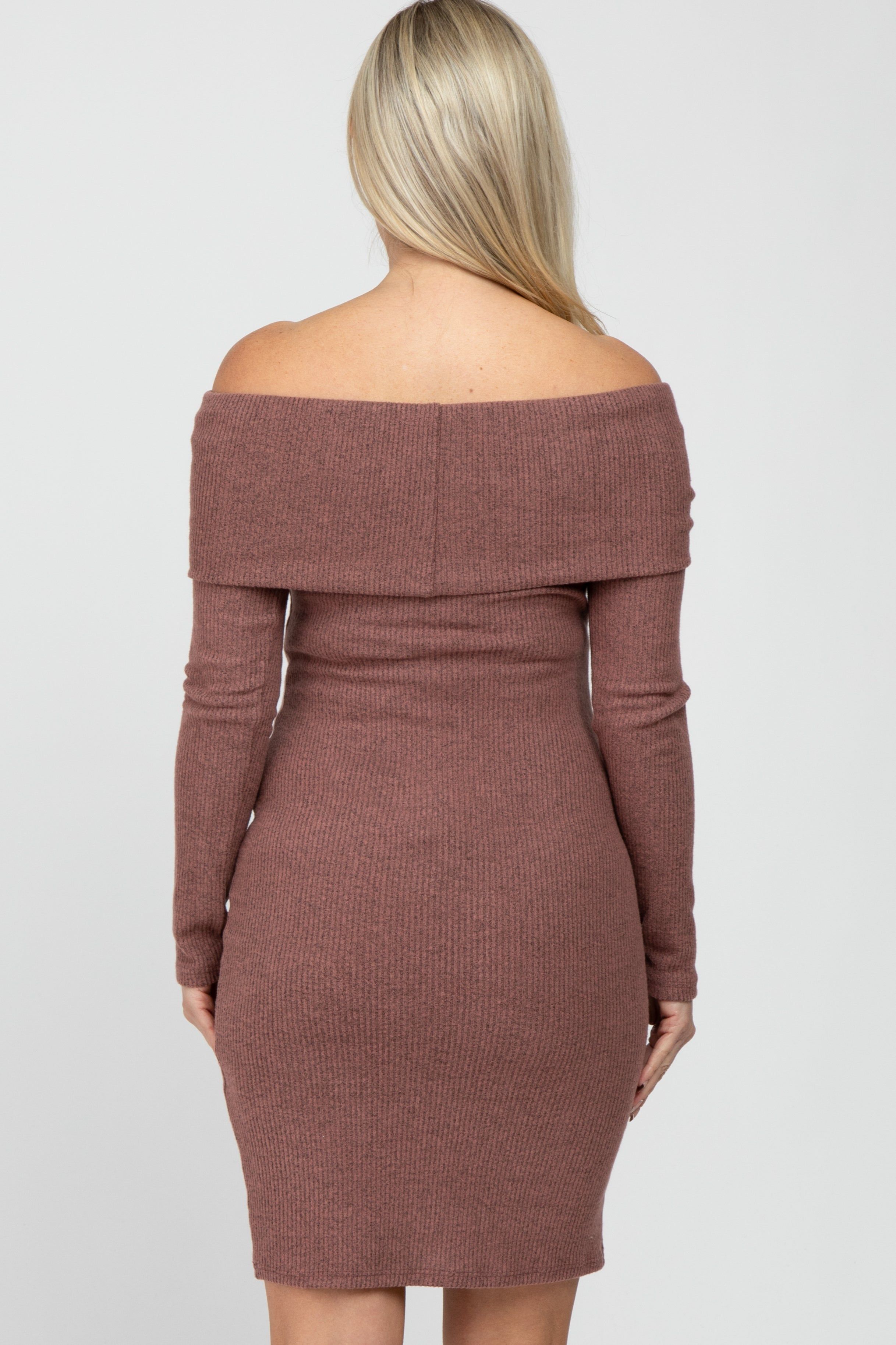 Mauve Soft Ribbed Folded Neck Off Shoulder Maternity Dress sold by Pinkblush product image thumbnail 4