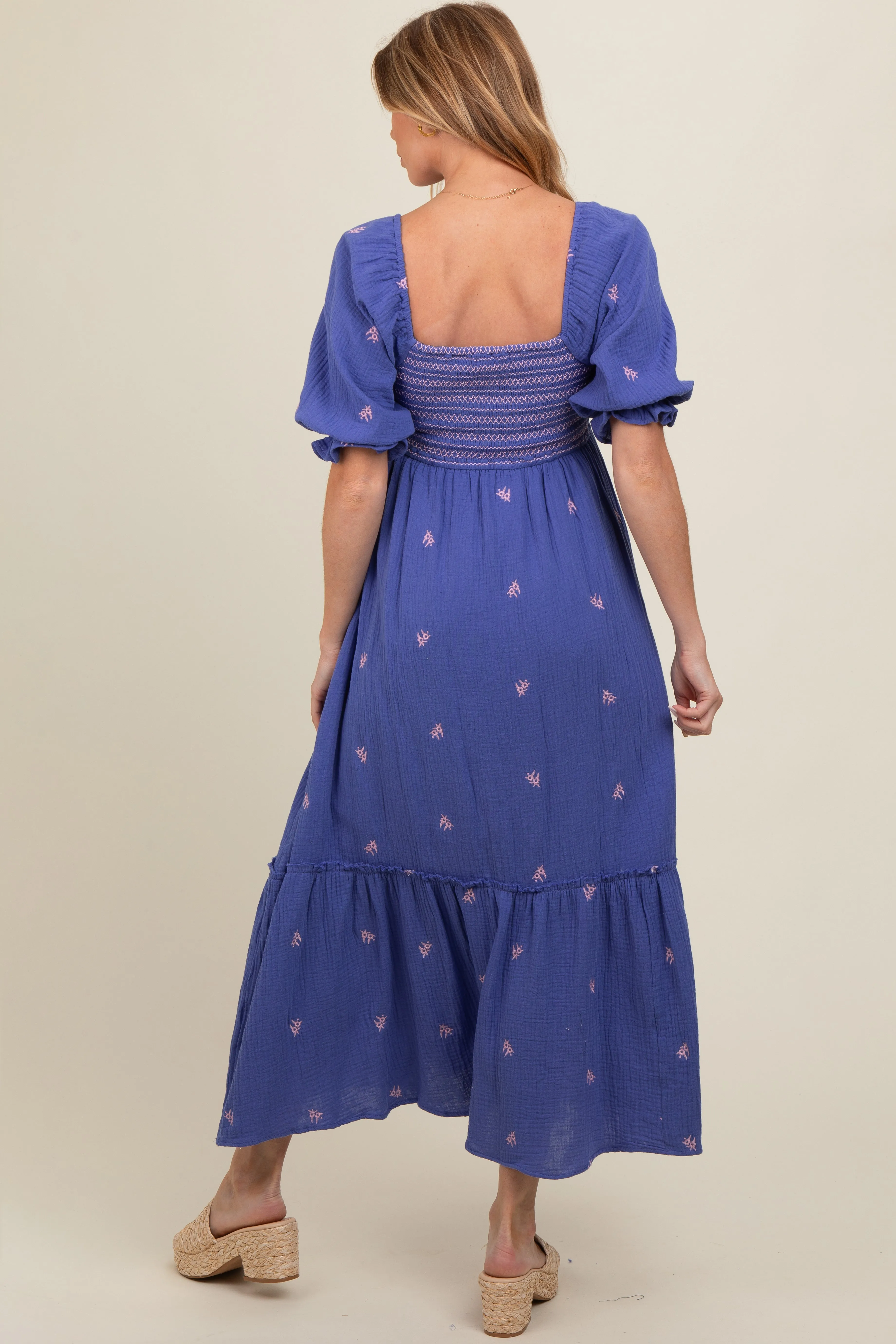Royal Blue Gauze Smocked Embroidered Square Neck Maternity Midi Dress sold by Pinkblush product image thumbnail 4