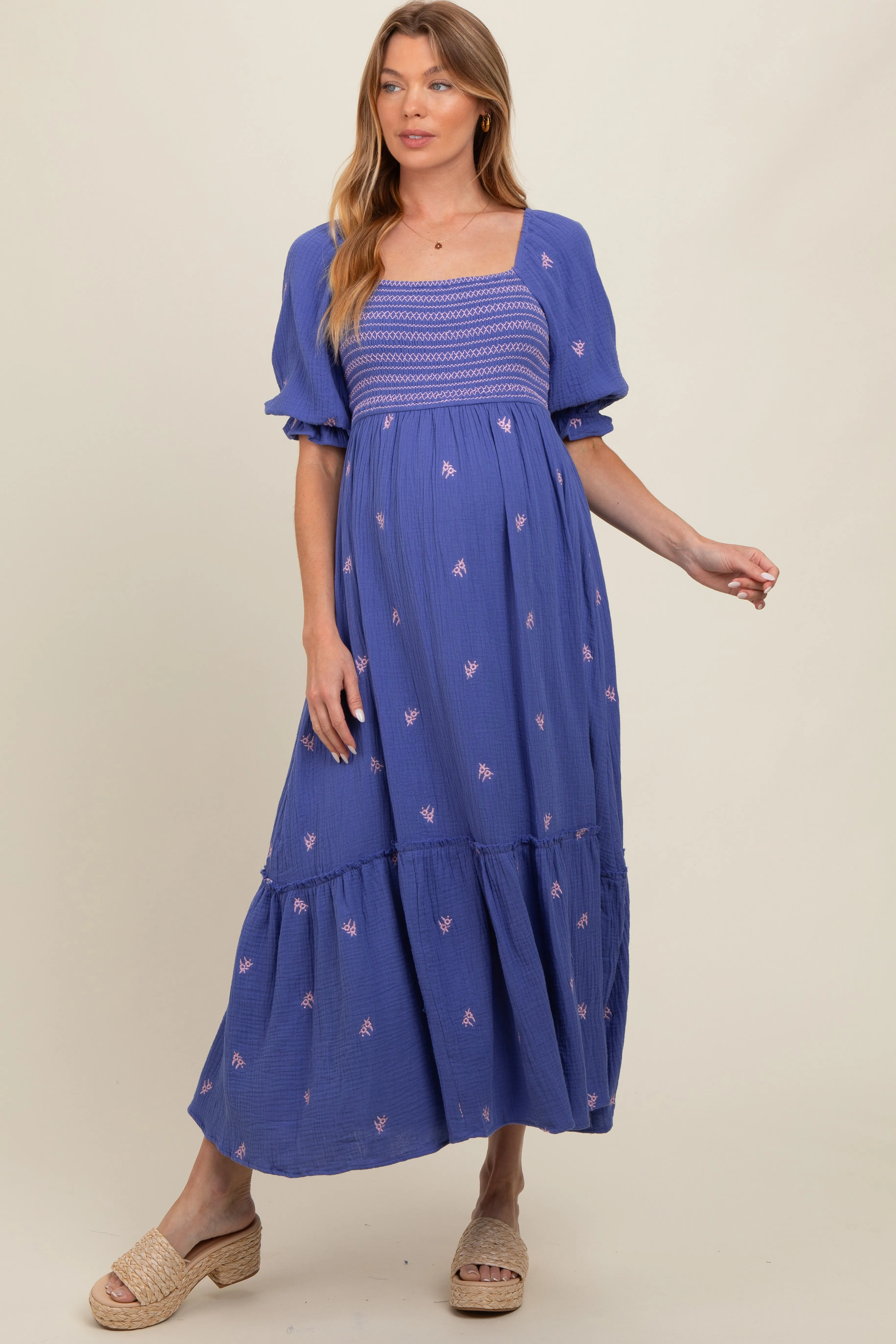 Royal Blue Gauze Smocked Embroidered Square Neck Maternity Midi Dress sold by Pinkblush