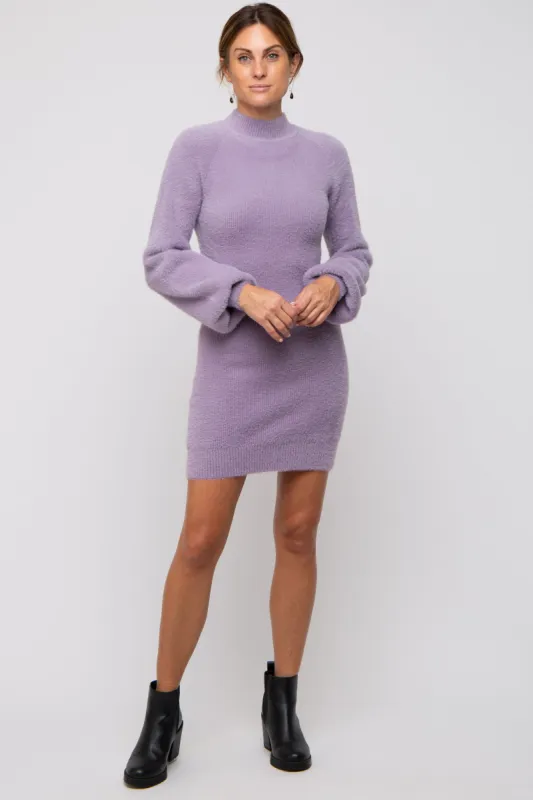 Lavender Fuzzy Knit Puff Sleeve Sweater Dress sold by Pinkblush