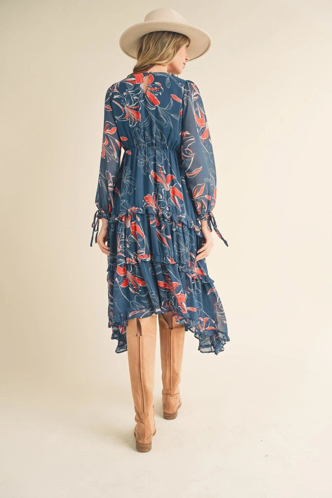 Dark Teal Floral Chiffon Ruffle Tiered Midi Dress sold by Pinkblush product image thumbnail 3