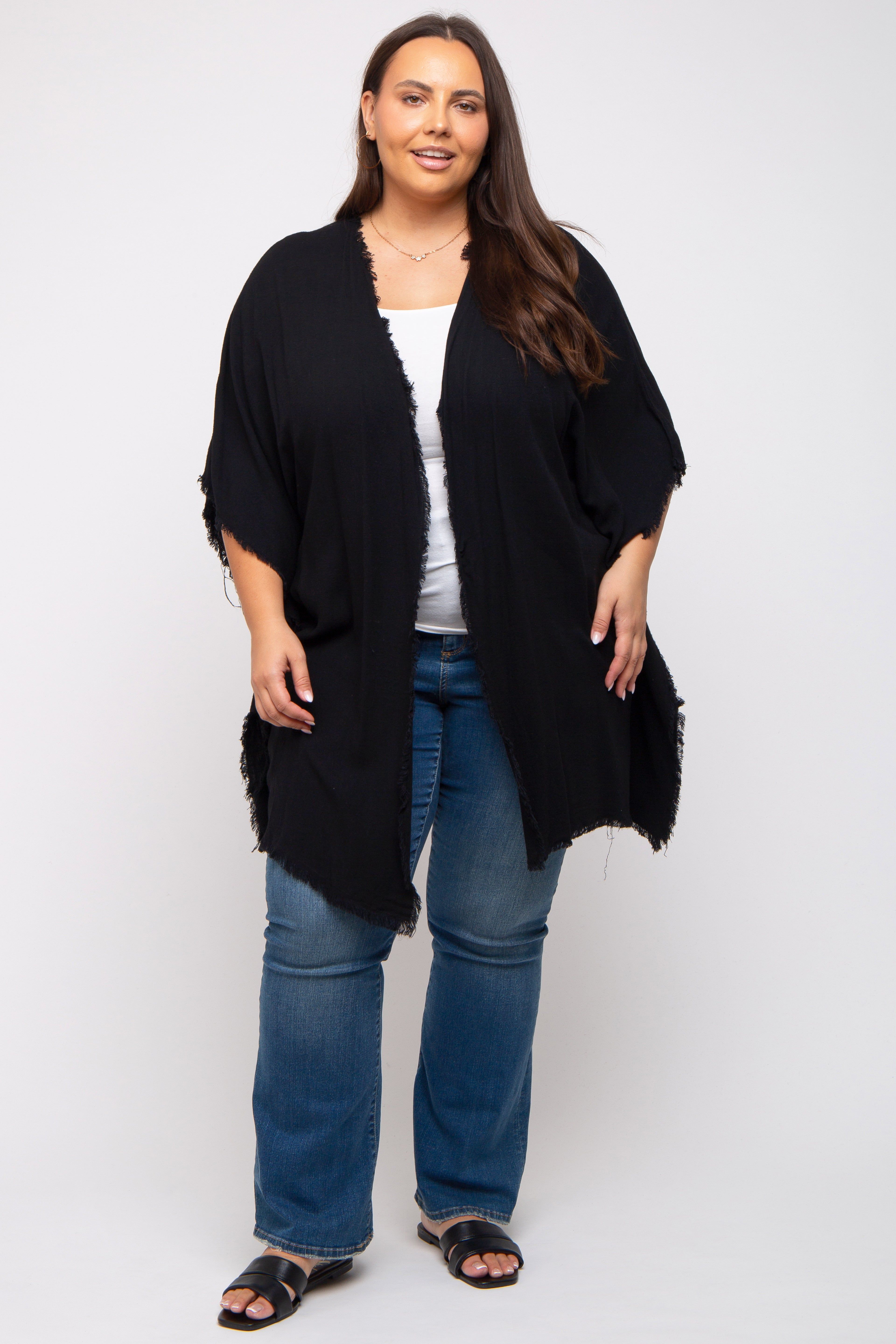 Black Fringe Maternity Plus Dolman Sleeve Cover Up sold by Pinkblush product image thumbnail 5