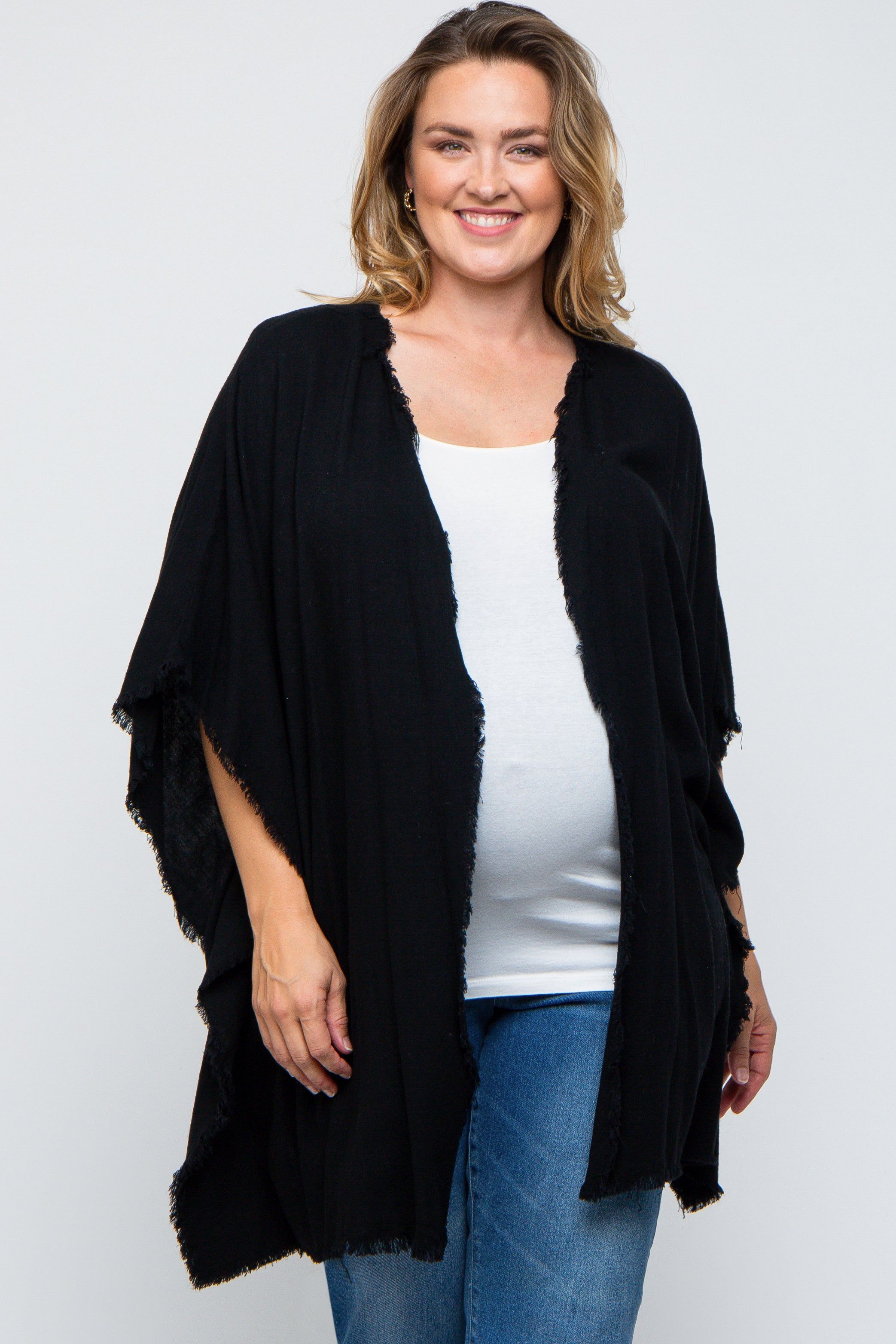 Black Fringe Maternity Plus Dolman Sleeve Cover Up sold by Pinkblush product image thumbnail 2