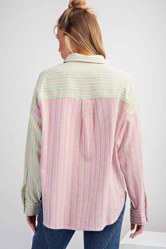 Pink Mint Textured Striped Soft Washed Button Down Shirt sold by Pinkblush product image thumbnail 2