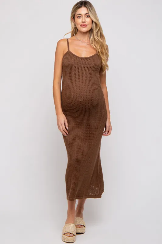 Brown Open Knit Crochet Maternity Midi Dress sold by Pinkblush