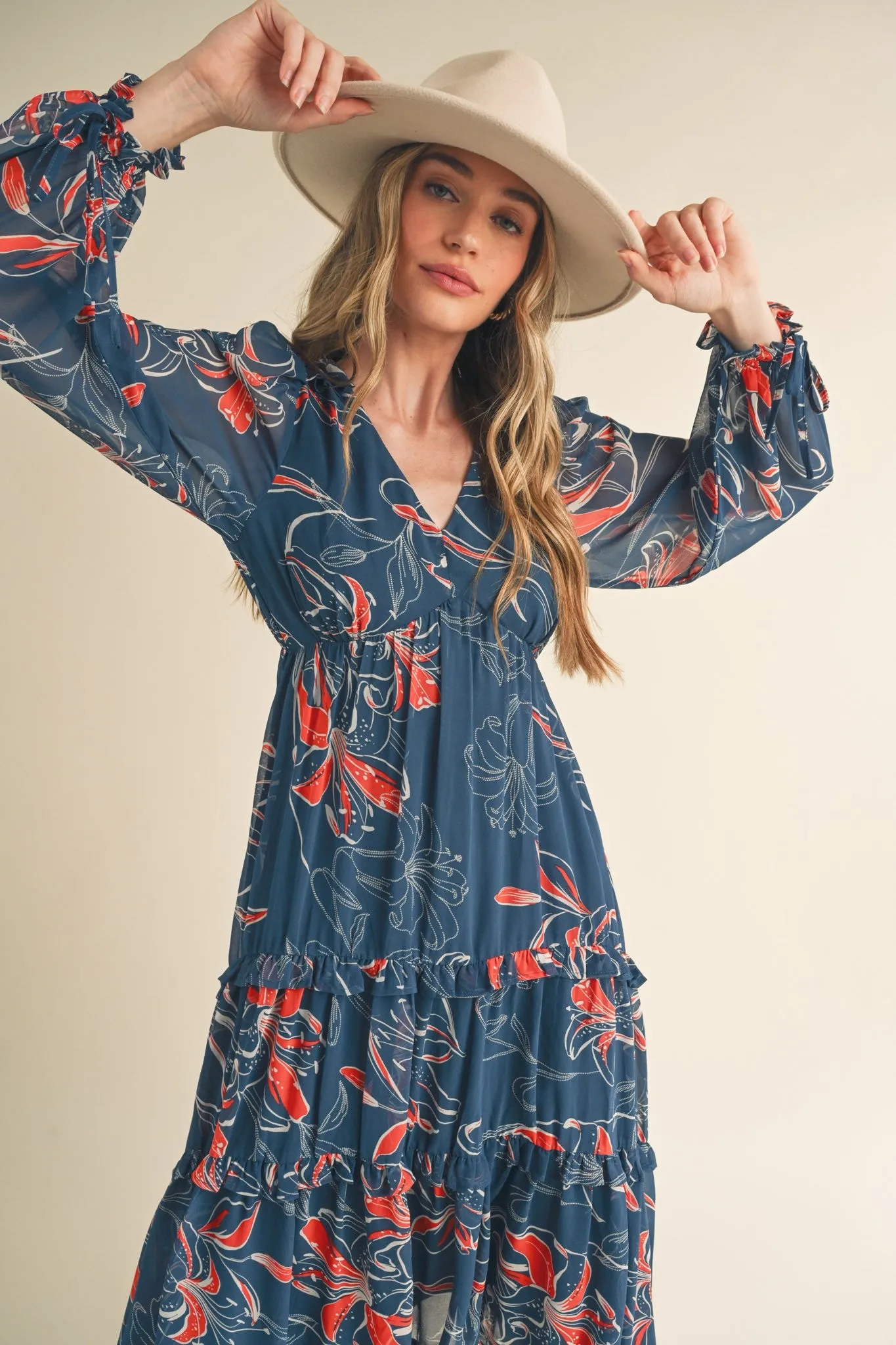 Dark Teal Floral Chiffon Ruffle Tiered Midi Dress sold by Pinkblush product image thumbnail 4