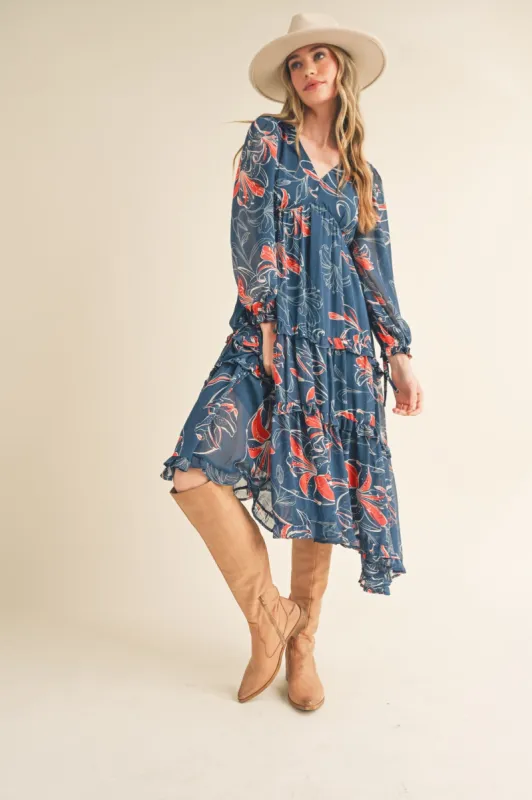 Dark Teal Floral Chiffon Ruffle Tiered Midi Dress sold by Pinkblush