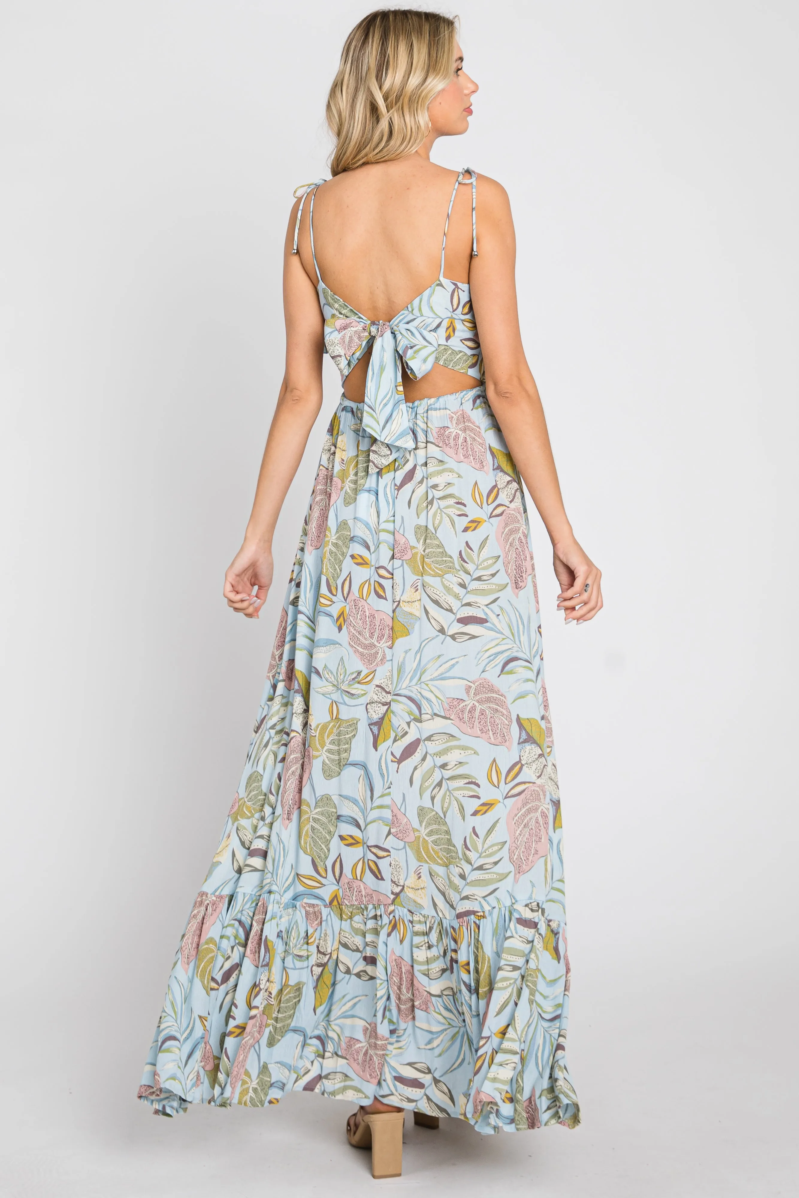 Blue Floral Ruffle Top Back Cutout Maxi Dress sold by Pinkblush product image thumbnail 3