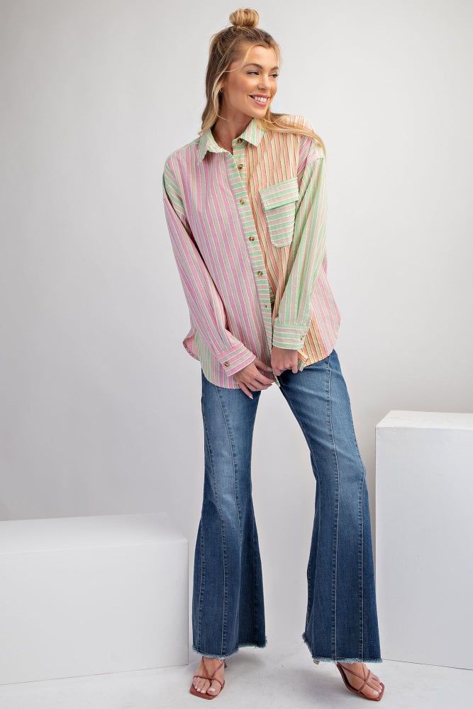Pink Mint Textured Striped Soft Washed Button Down Shirt sold by Pinkblush product image thumbnail 3
