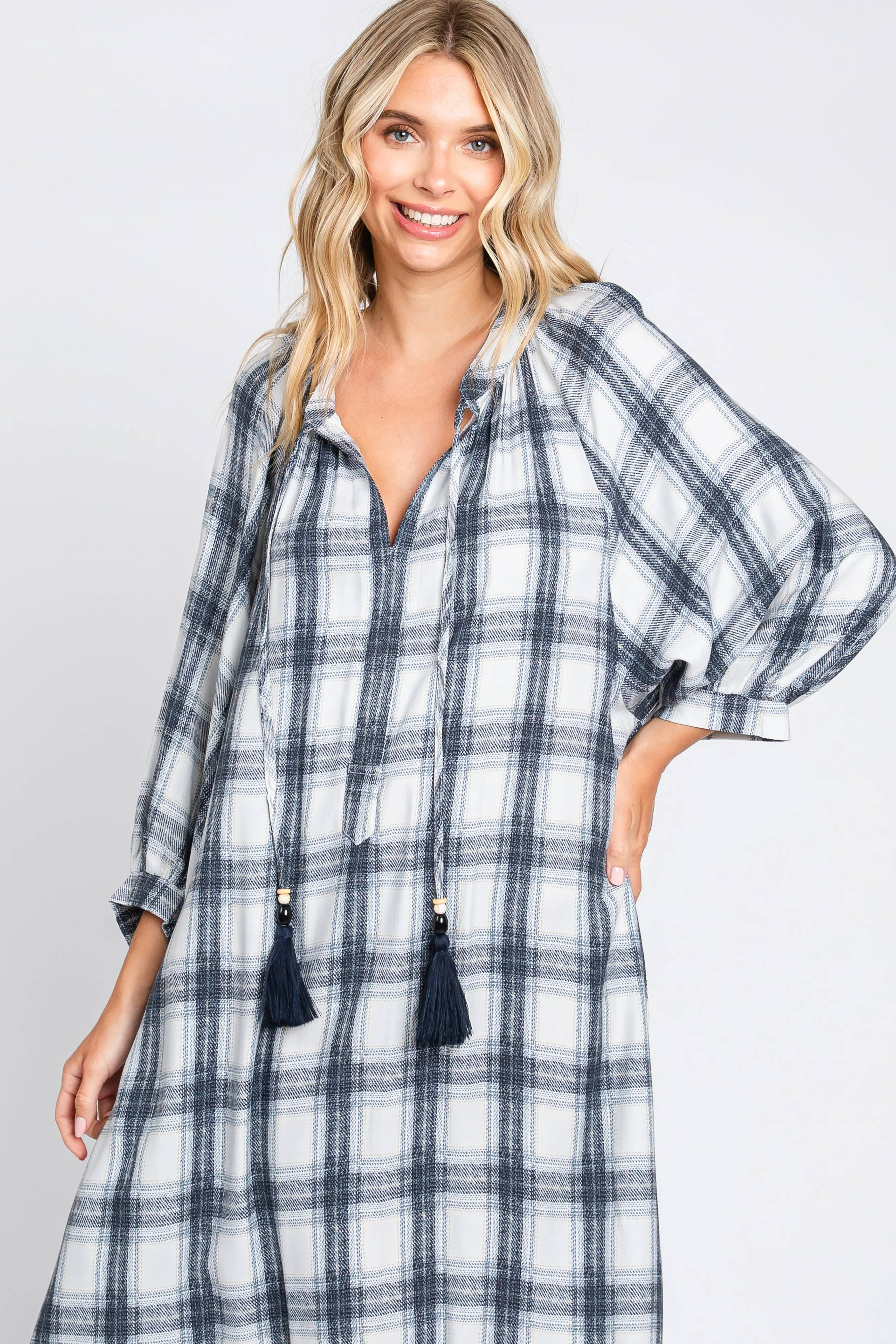 Ivory Plaid 3/4 Sleeve Midi Dress sold by Pinkblush product image thumbnail 4