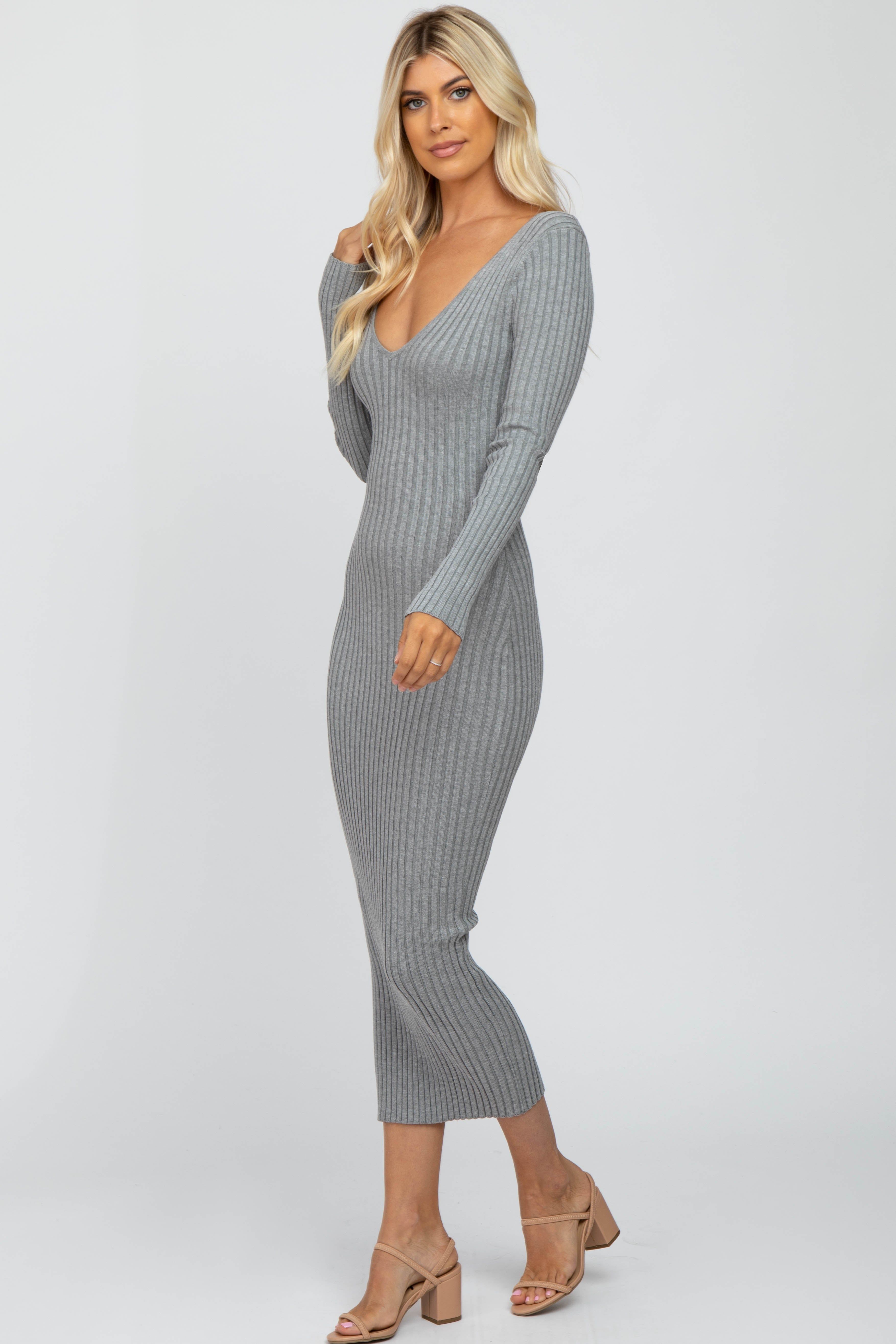 Heather Grey V-Neck Long Sleeve Fitted Maxi Dress sold by Pinkblush product image thumbnail 2