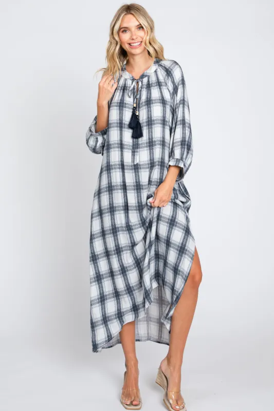 Ivory Plaid 3/4 Sleeve Midi Dress sold by Pinkblush
