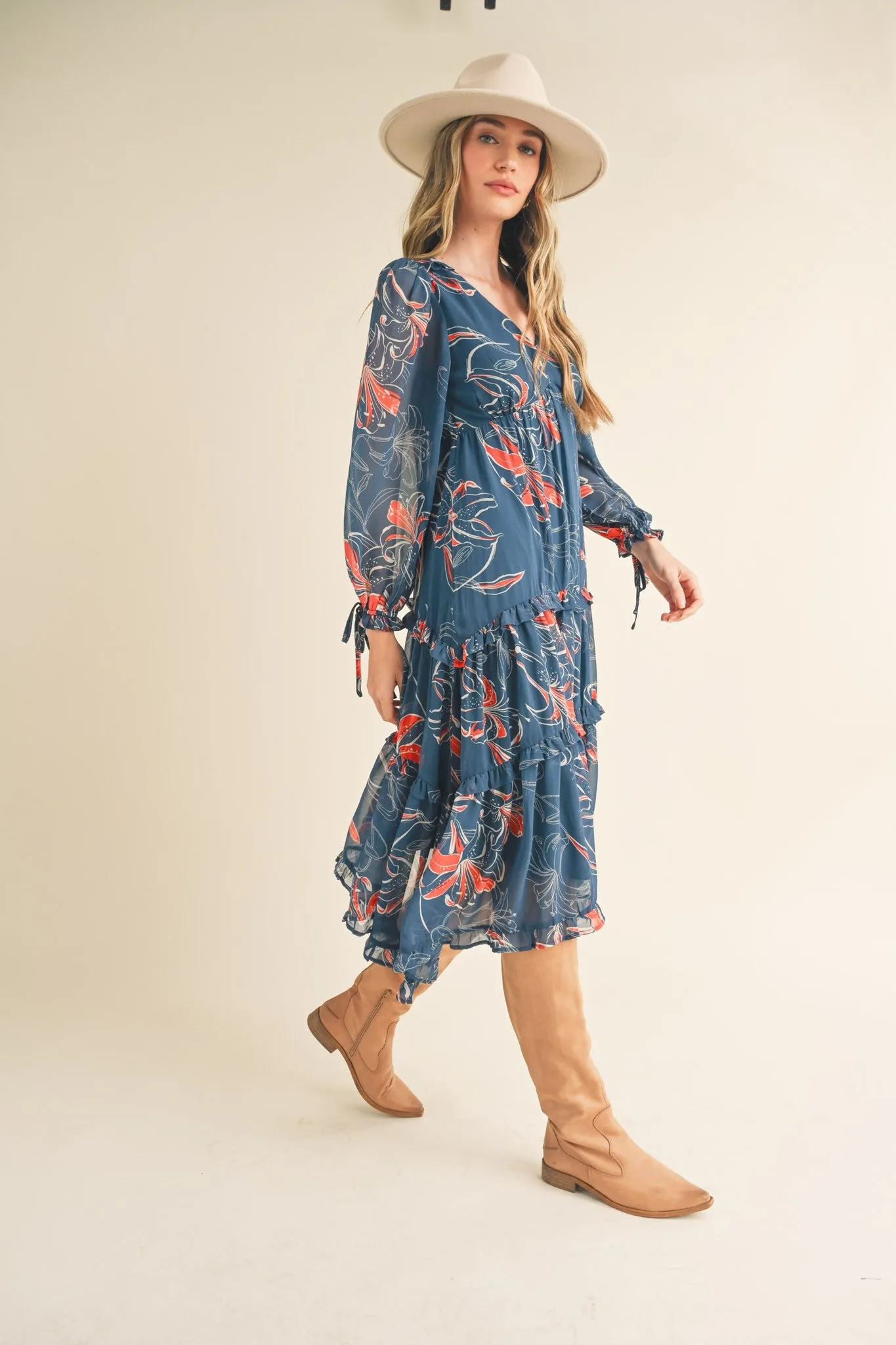 Dark Teal Floral Chiffon Ruffle Tiered Midi Dress sold by Pinkblush product image thumbnail 2