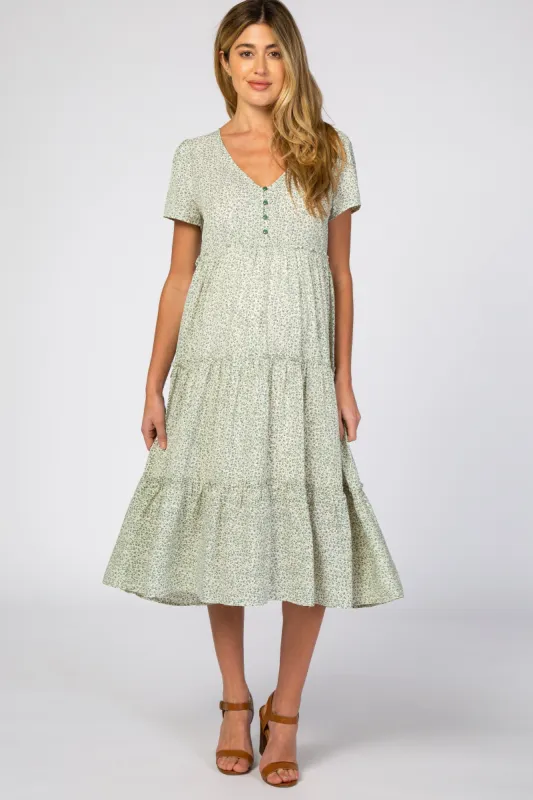 Light Olive Floral Chiffon Ruffle Hem Maternity Midi Dress sold by Pinkblush