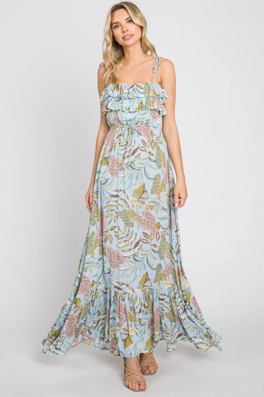 Blue Floral Ruffle Top Back Cutout Maxi Dress sold by Pinkblush