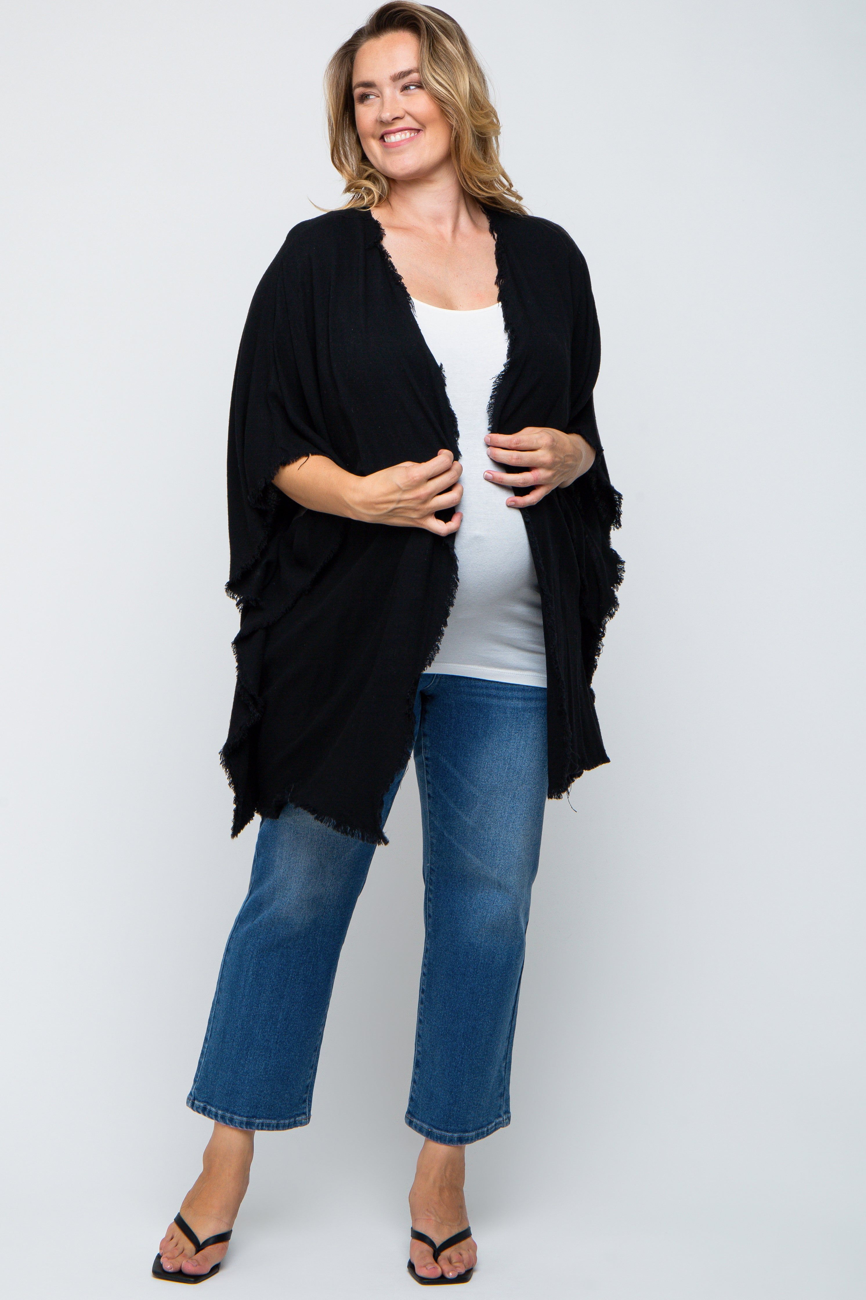 Black Fringe Maternity Plus Dolman Sleeve Cover Up sold by Pinkblush