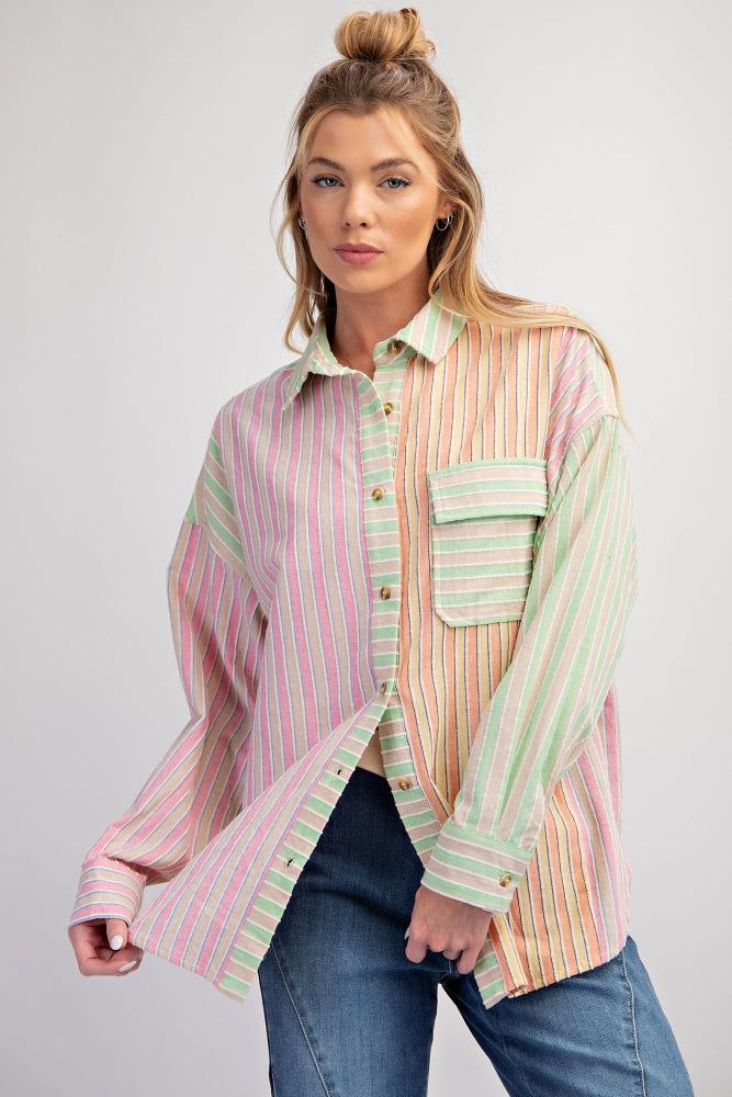 Pink Mint Textured Striped Soft Washed Button Down Shirt sold by Pinkblush