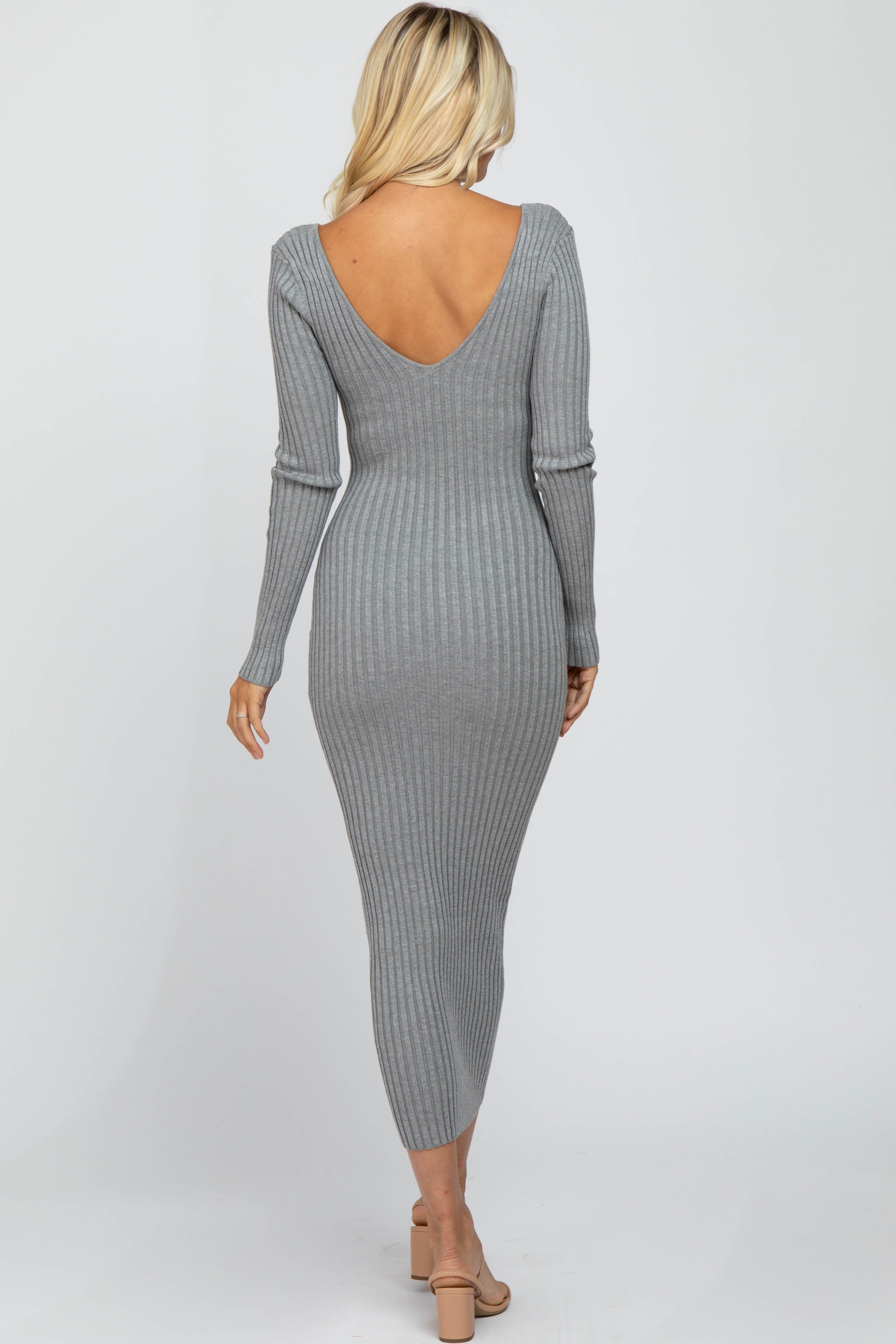 Heather Grey V-Neck Long Sleeve Fitted Maxi Dress sold by Pinkblush product image thumbnail 3
