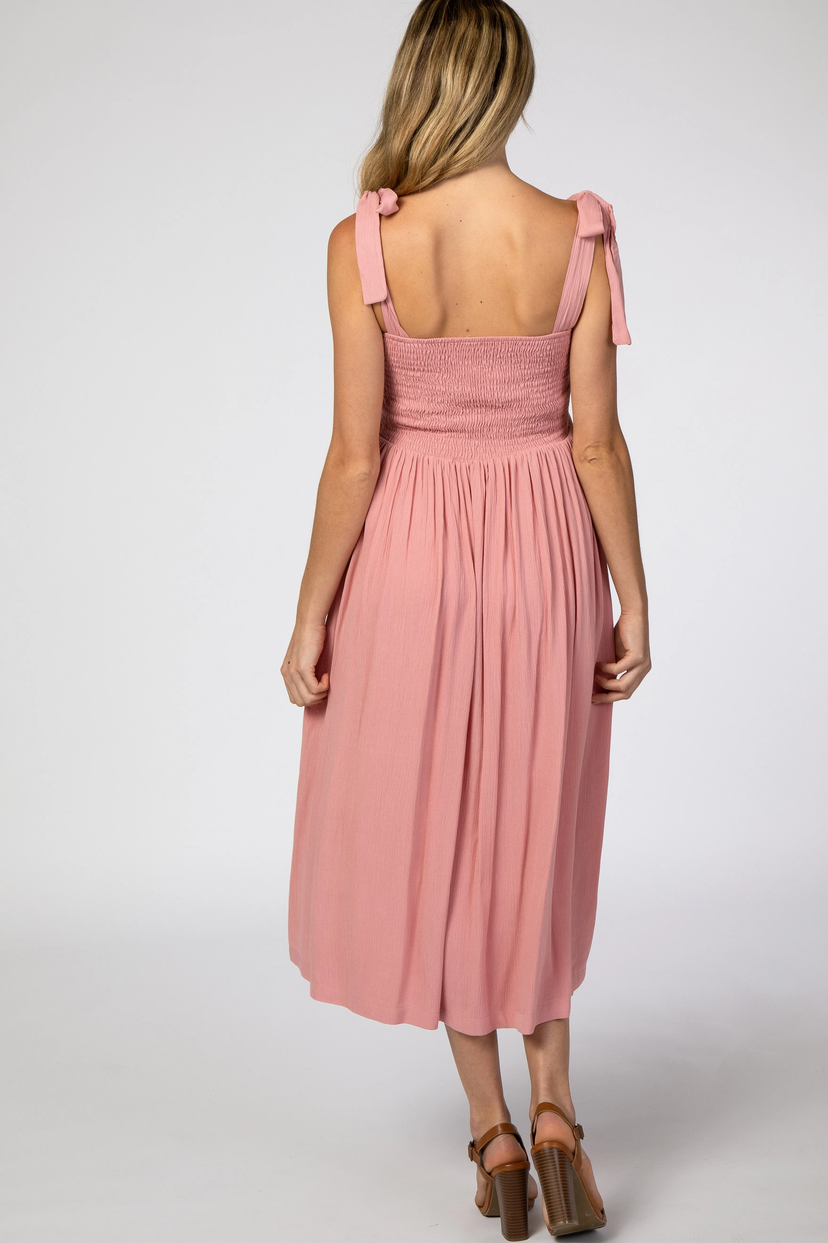 Pink Smocked Tie Strap Maternity Midi Dress sold by Pinkblush product image thumbnail 3