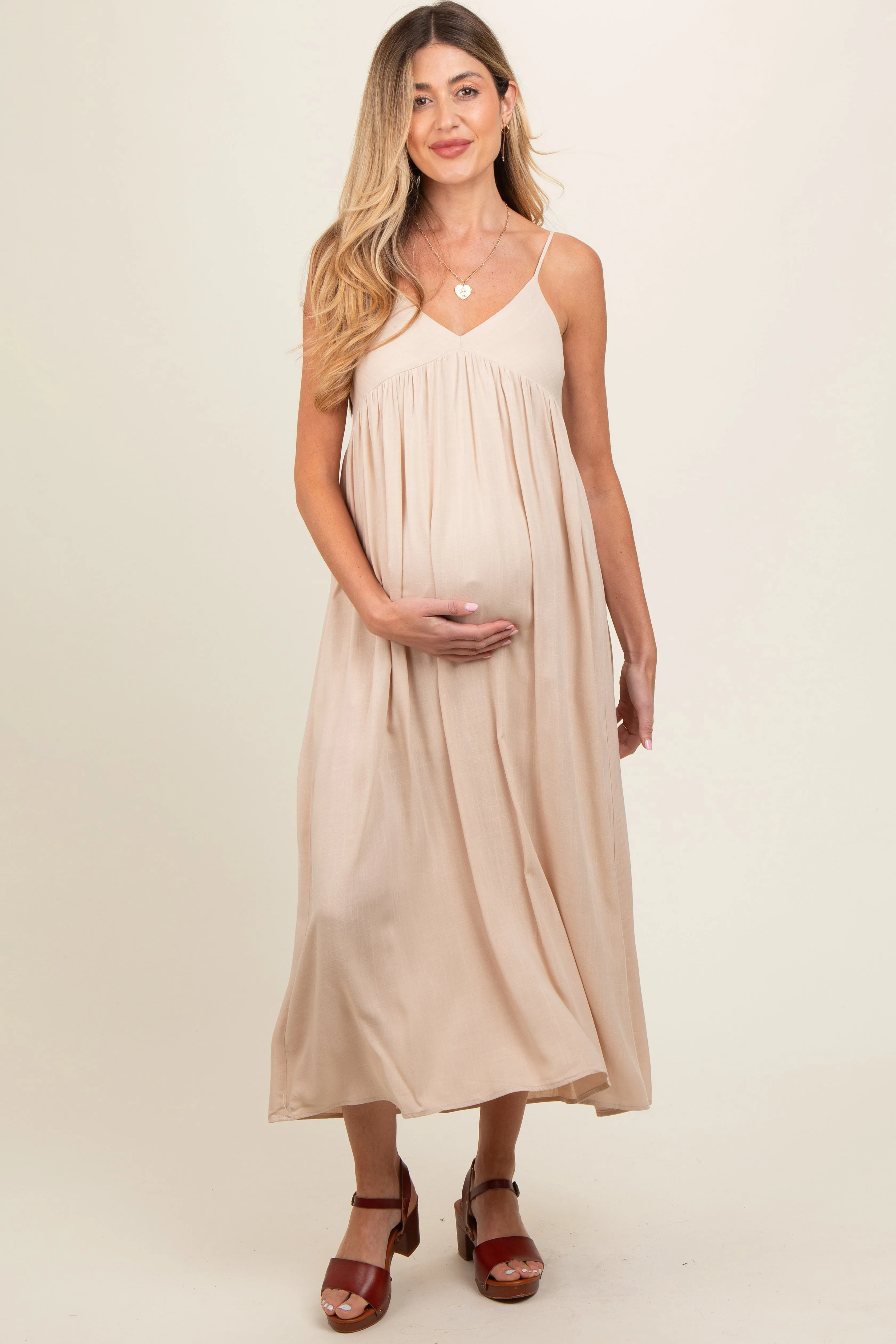 Beige Flowy Maternity Maxi Dress sold by Pinkblush