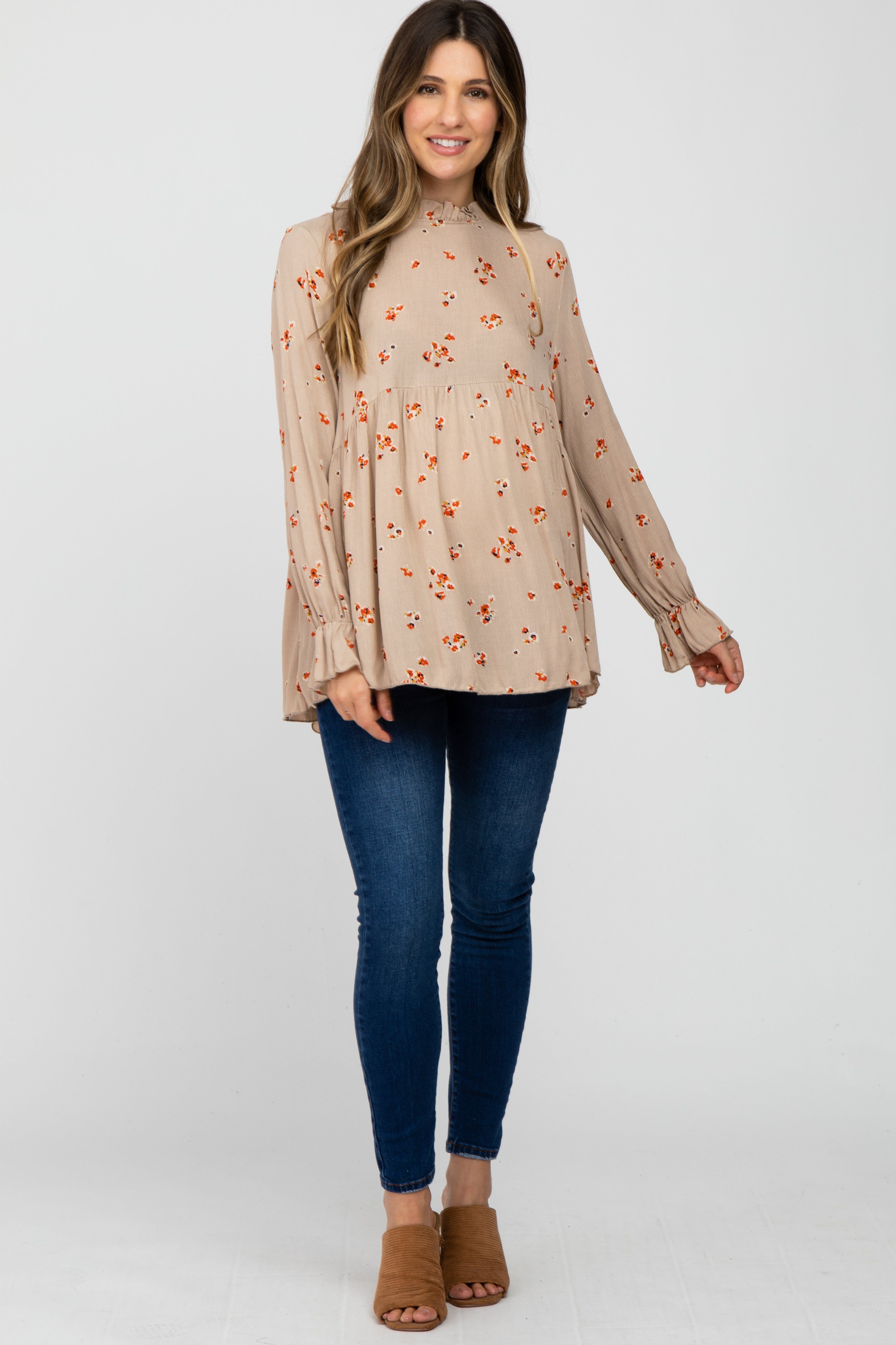 Taupe Floral Babydoll Maternity Blouse sold by Pinkblush product image thumbnail 2