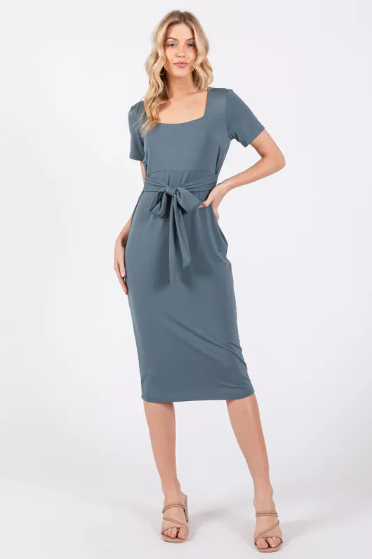 Blue Square Neck Belted Midi Dress sold by Pinkblush