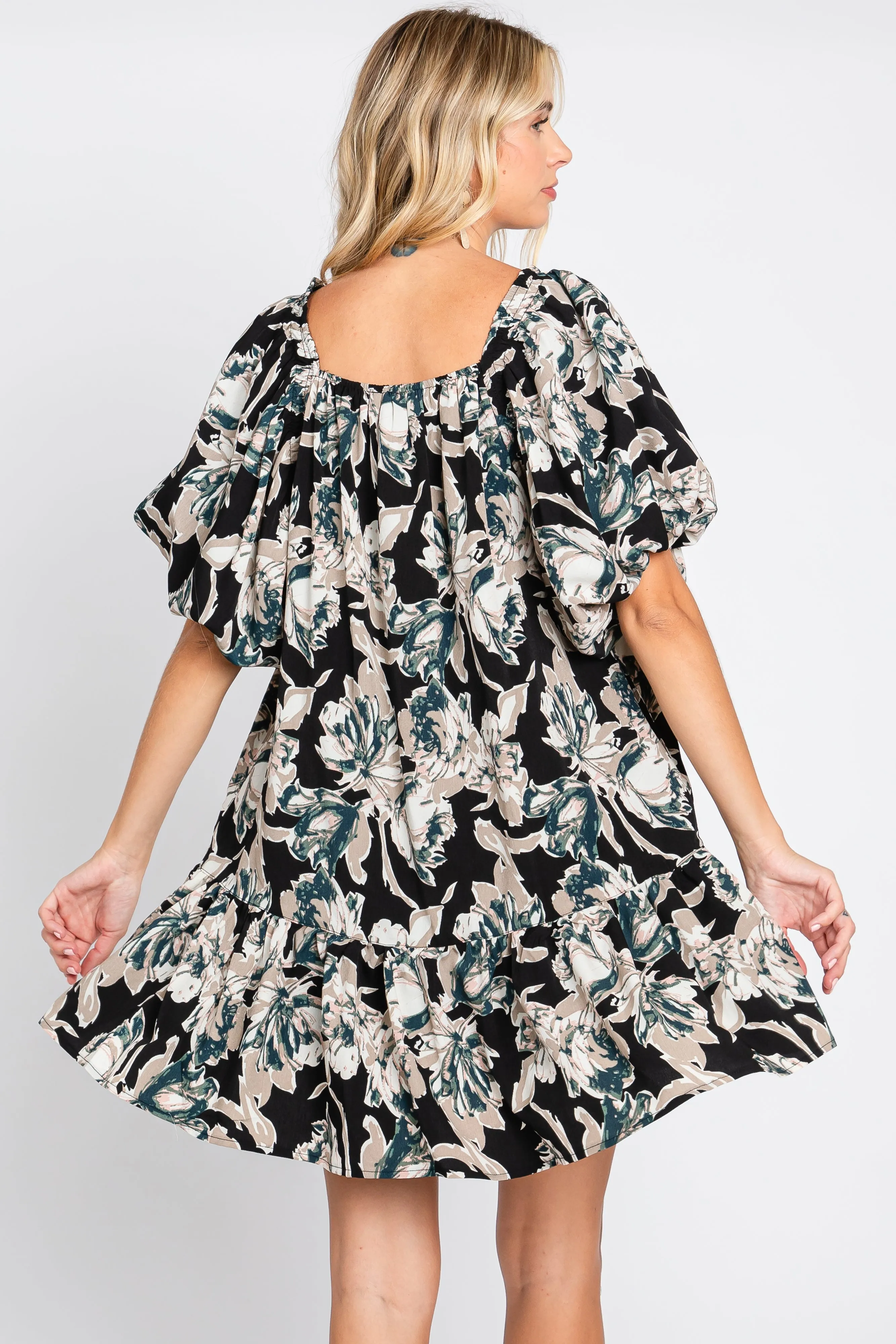 Black Floral Puff Sleeve Dress sold by Pinkblush product image thumbnail 4
