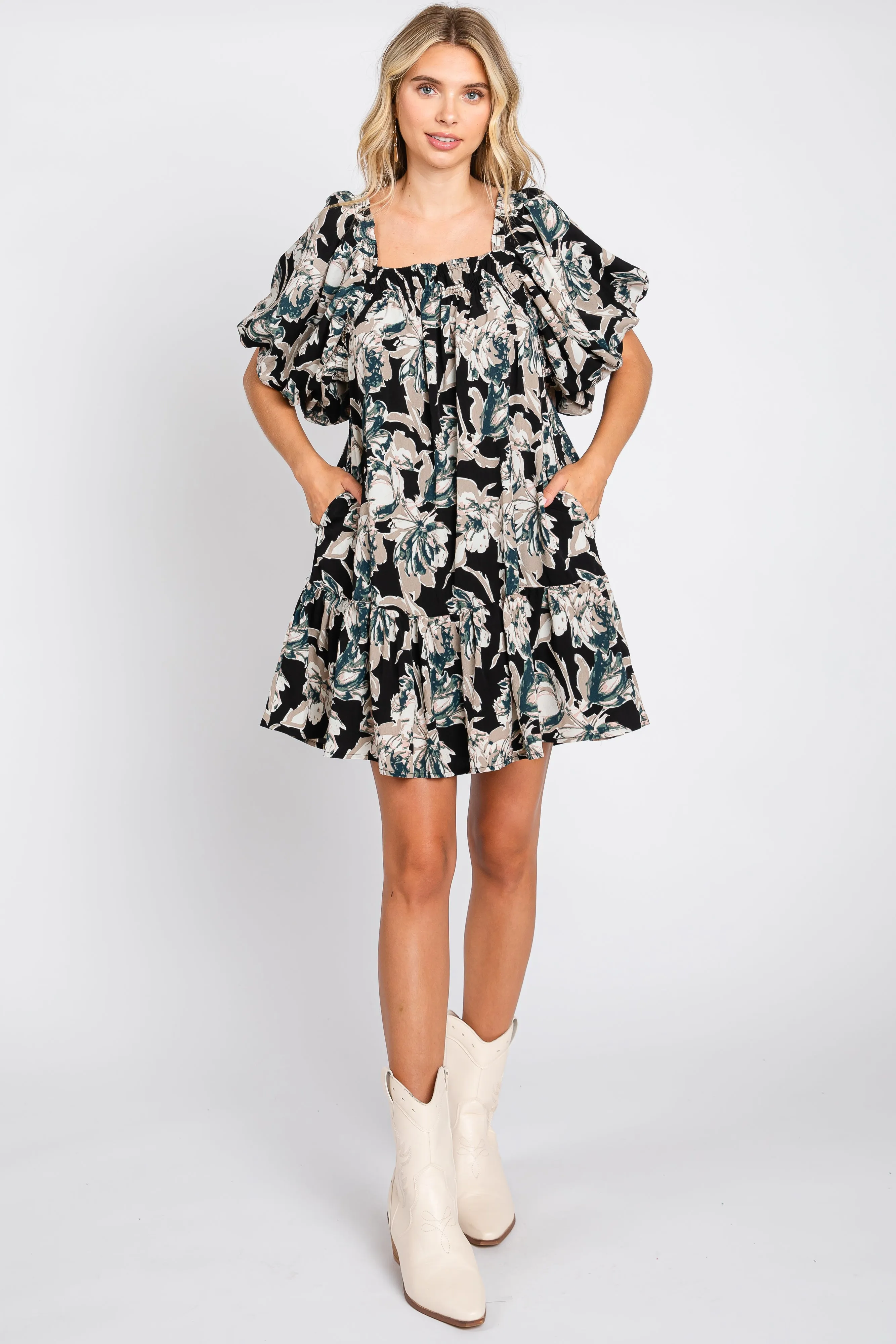 Black Floral Puff Sleeve Dress sold by Pinkblush