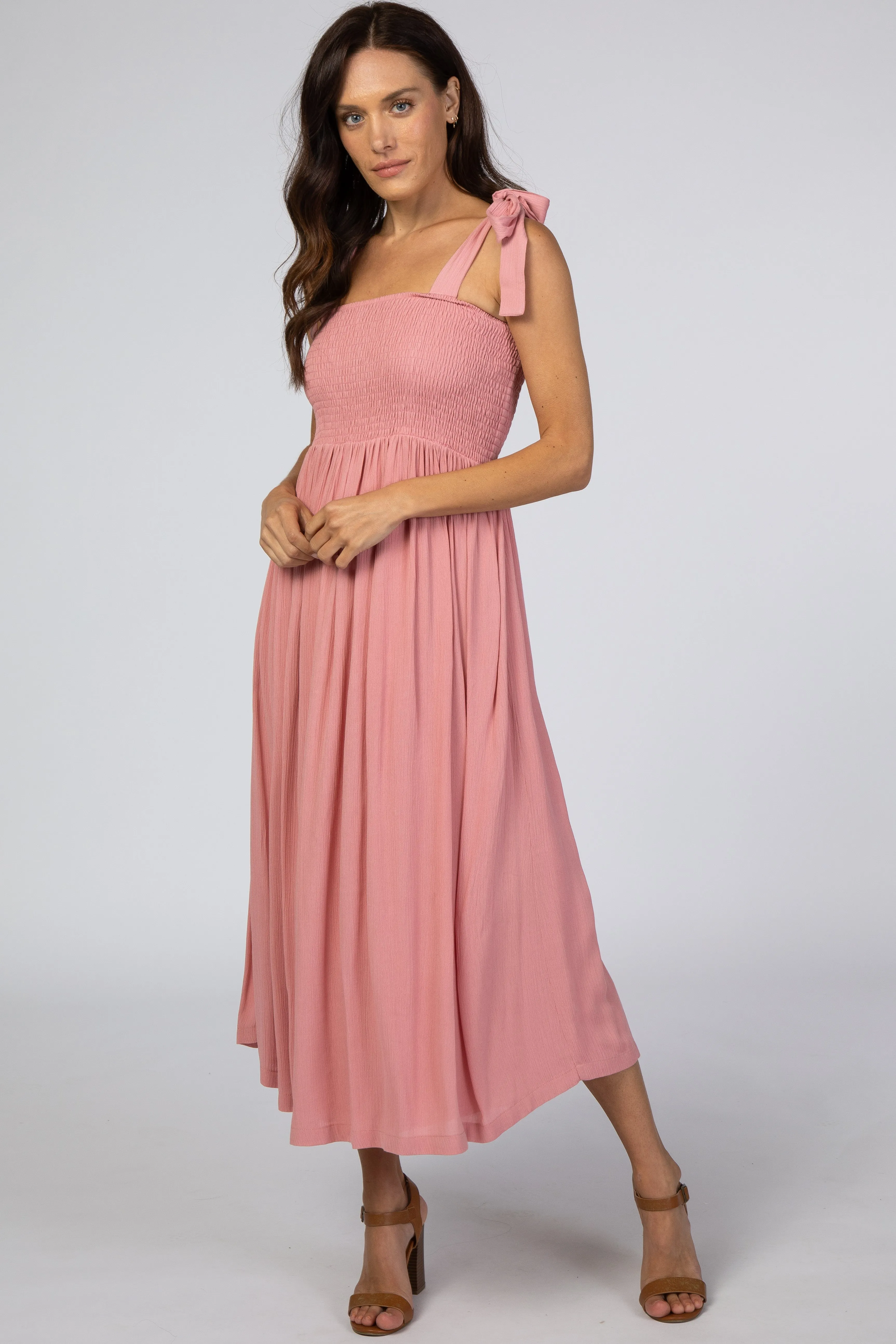 Pink Smocked Tie Strap Maternity Midi Dress sold by Pinkblush product image thumbnail 4