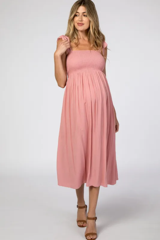 Pink Smocked Tie Strap Maternity Midi Dress sold by Pinkblush