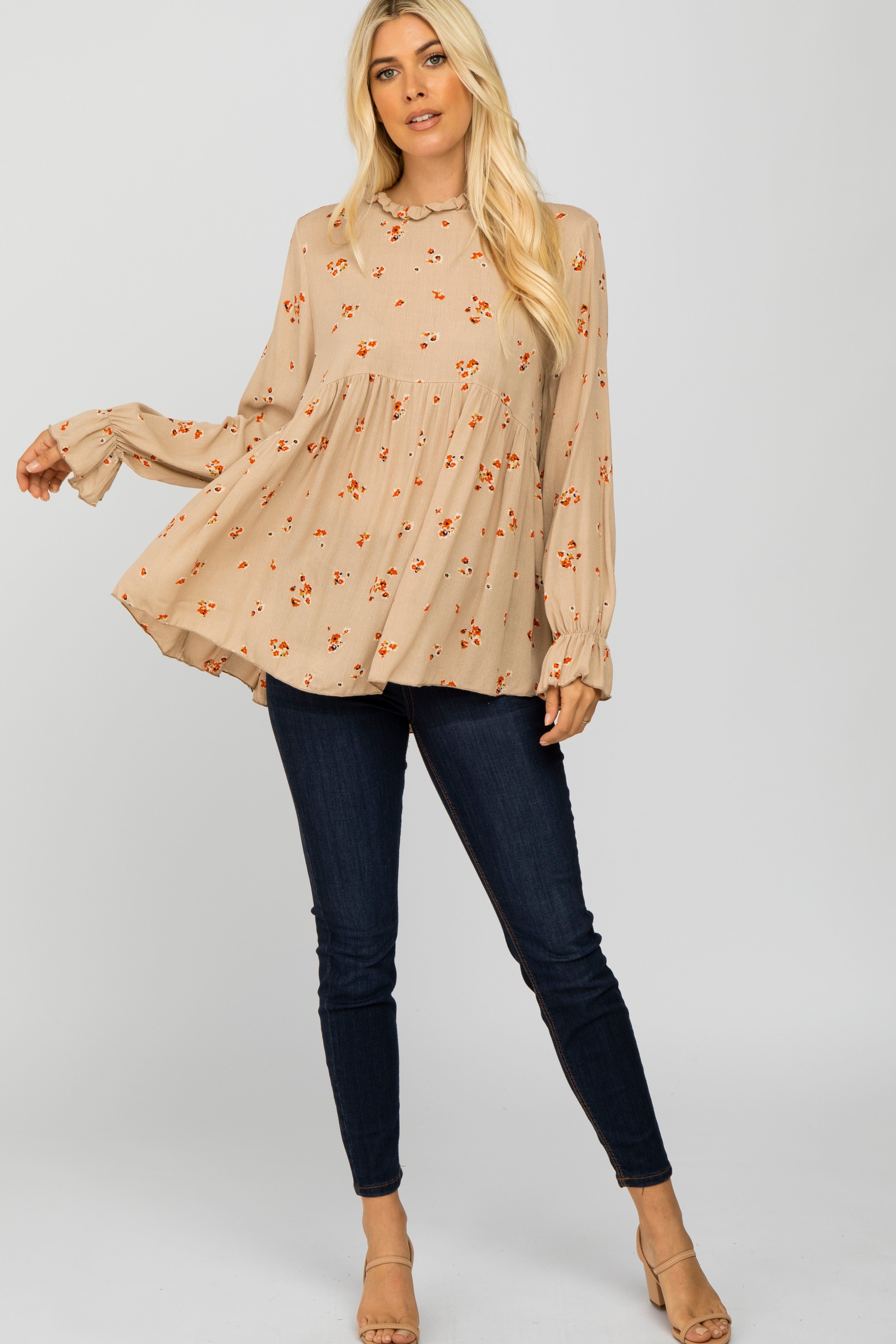 Taupe Floral Babydoll Maternity Blouse sold by Pinkblush product image thumbnail 6