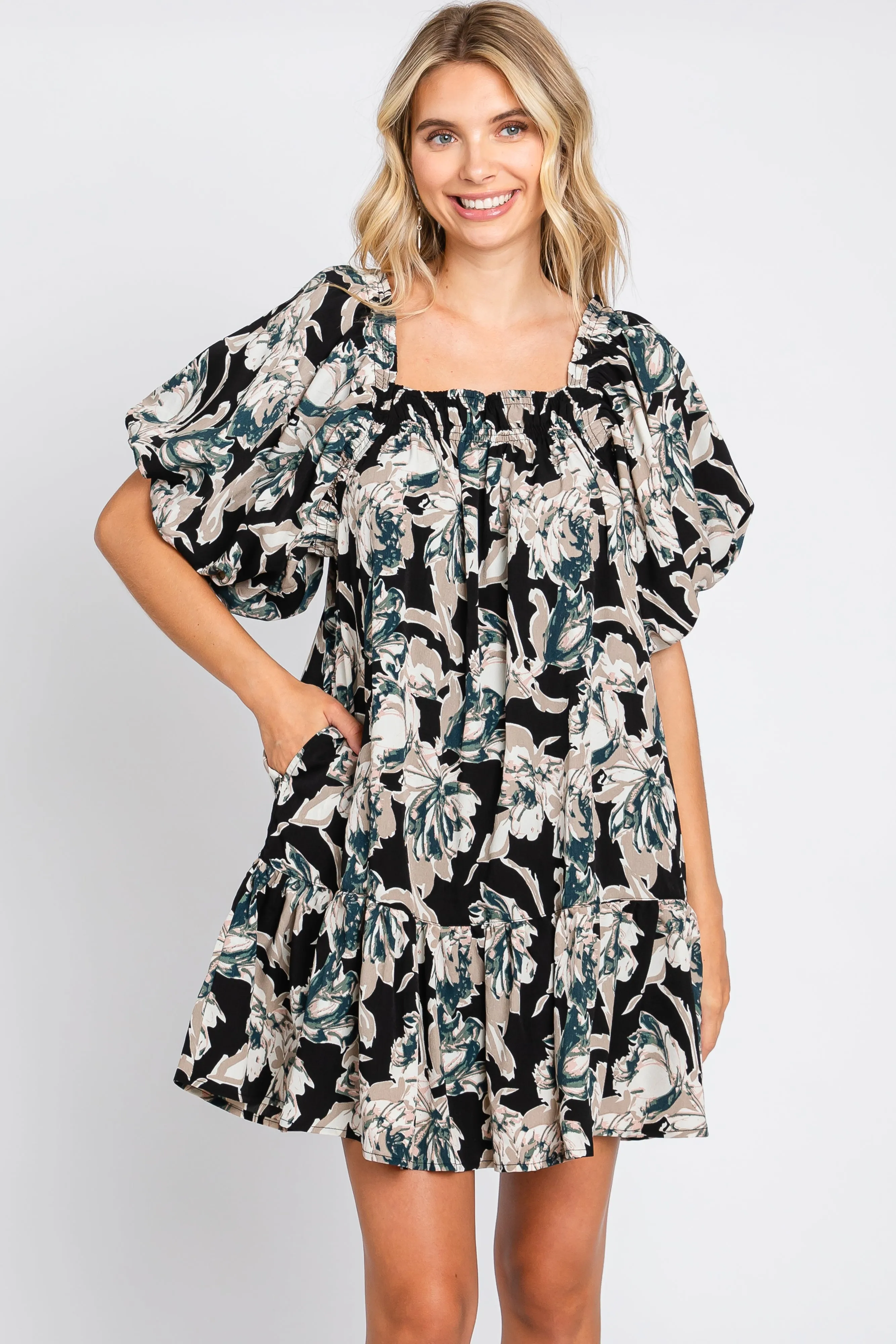 Black Floral Puff Sleeve Dress sold by Pinkblush product image thumbnail 2