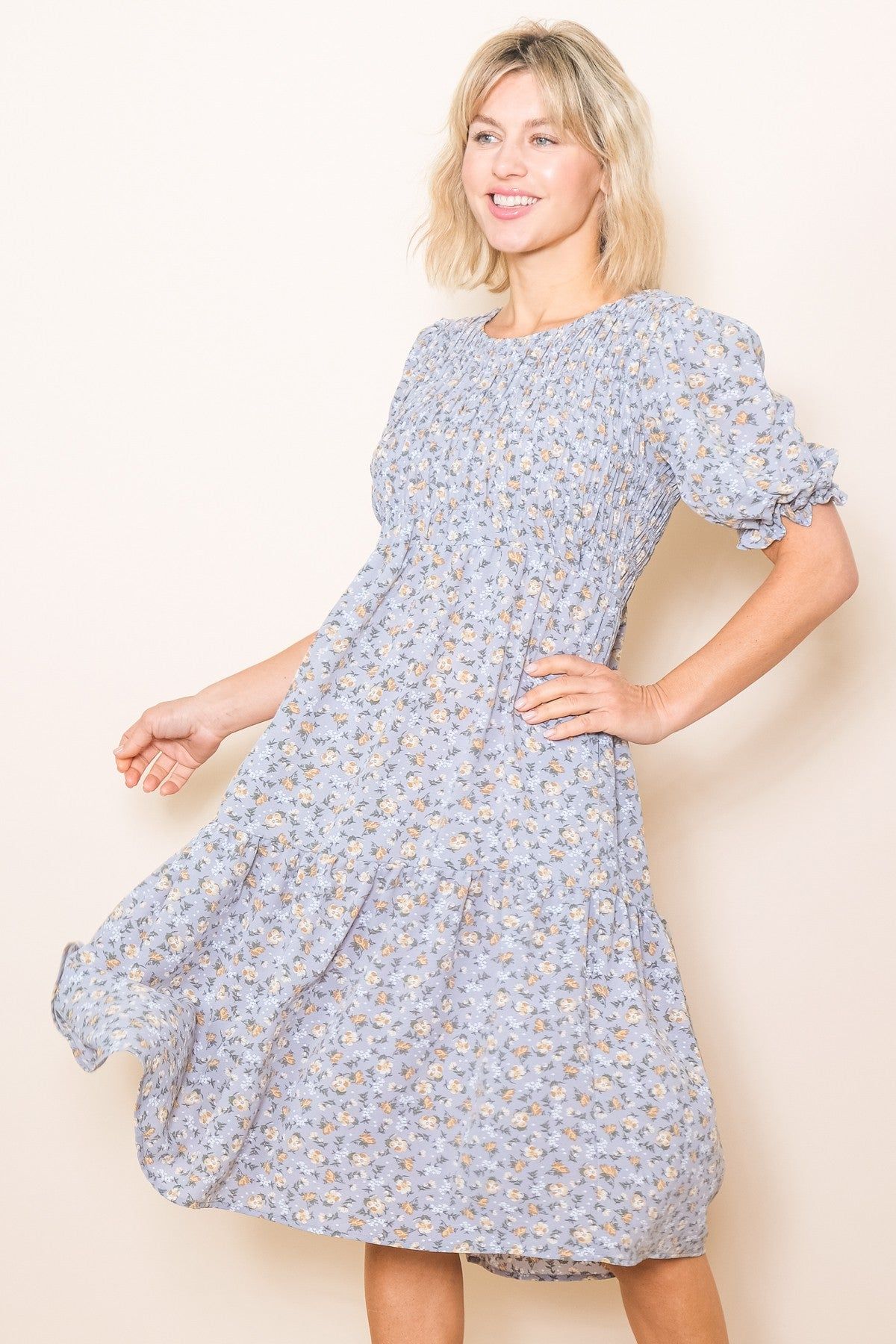 Blue Floral Smocked Midi Dress sold by Pinkblush product image thumbnail 2