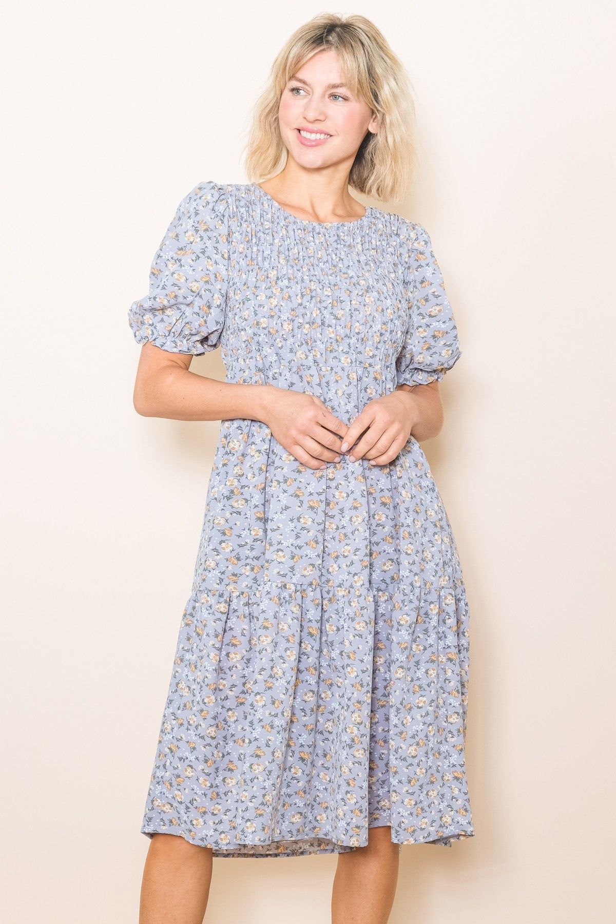 Blue Floral Smocked Midi Dress sold by Pinkblush product image thumbnail 3