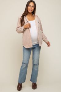 Beige Corduroy Plaid Fleece Lined Button Down Maternity Shacket sold by Pinkblush