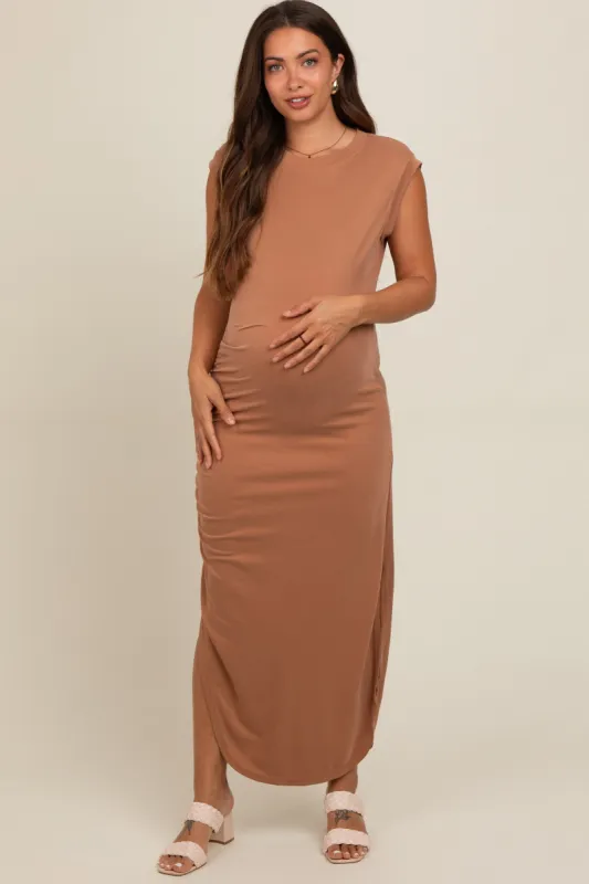 Mocha Fitted Maternity Midi Dress sold by Pinkblush