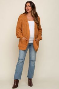 Camel Chunky Knit Maternity Cardigan sold by Pinkblush