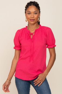 Fuchsia Ruffle Accent Tie Front Blouse sold by Pinkblush