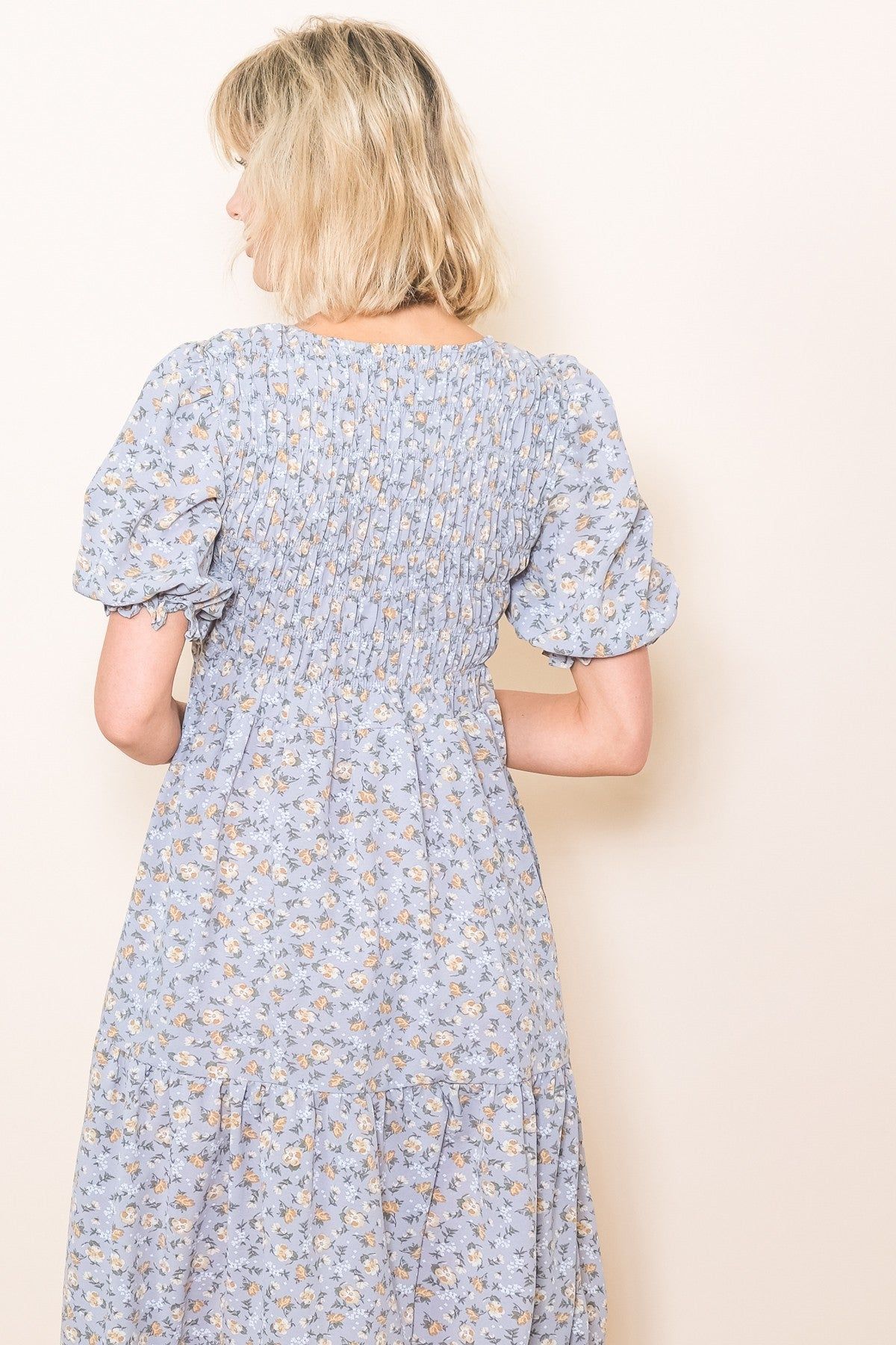 Blue Floral Smocked Midi Dress sold by Pinkblush product image thumbnail 4