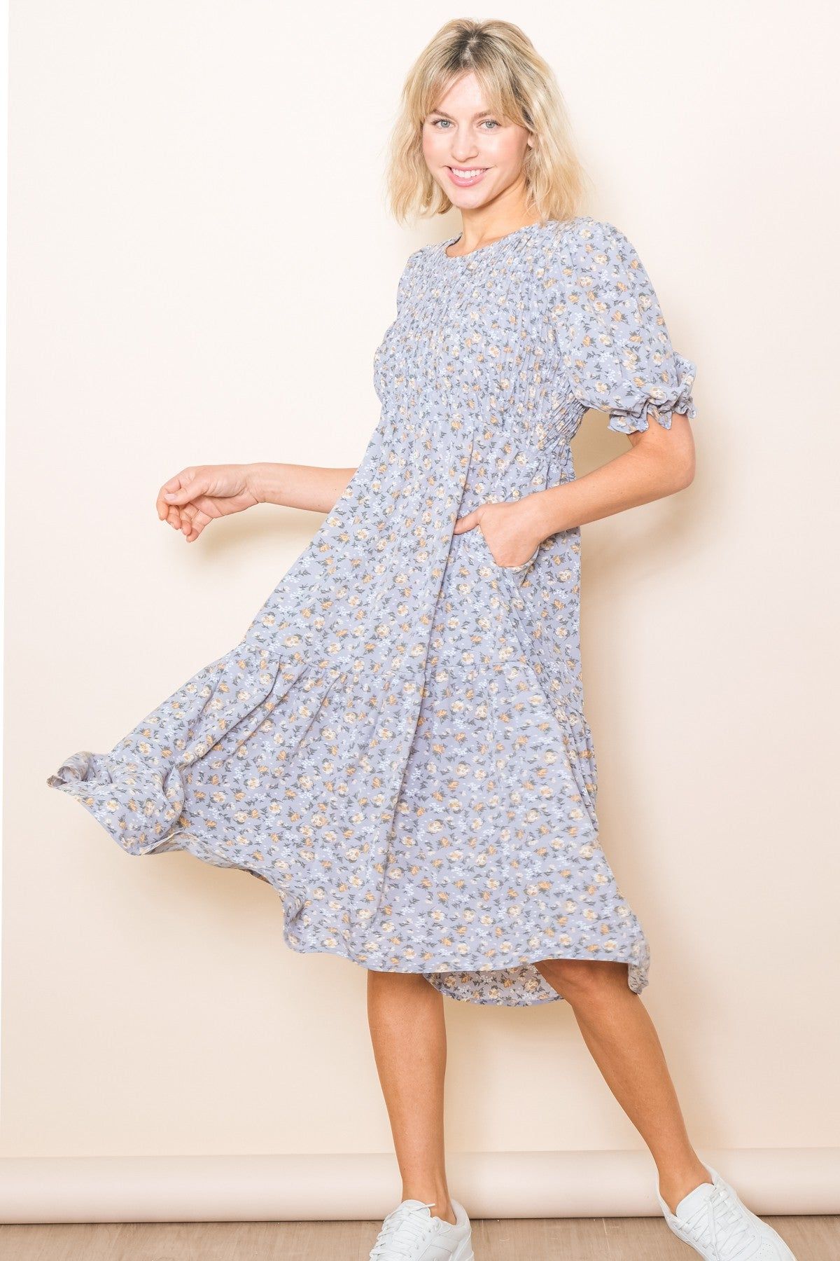 Blue Floral Smocked Midi Dress sold by Pinkblush