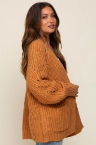 Camel Chunky Knit Maternity Cardigan sold by Pinkblush