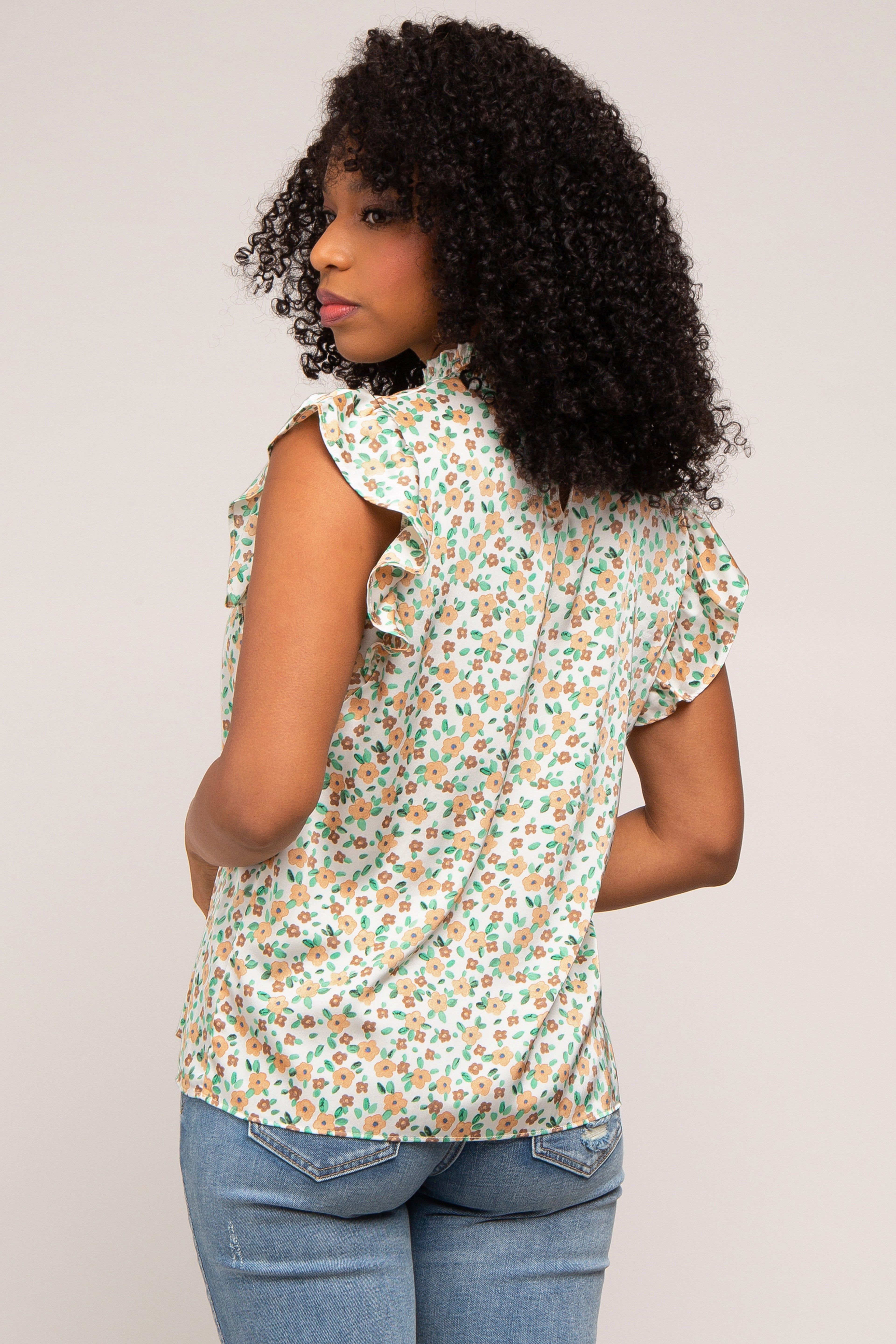 Beige Floral Satin Smocked Neck Blouse sold by Pinkblush product image thumbnail 4