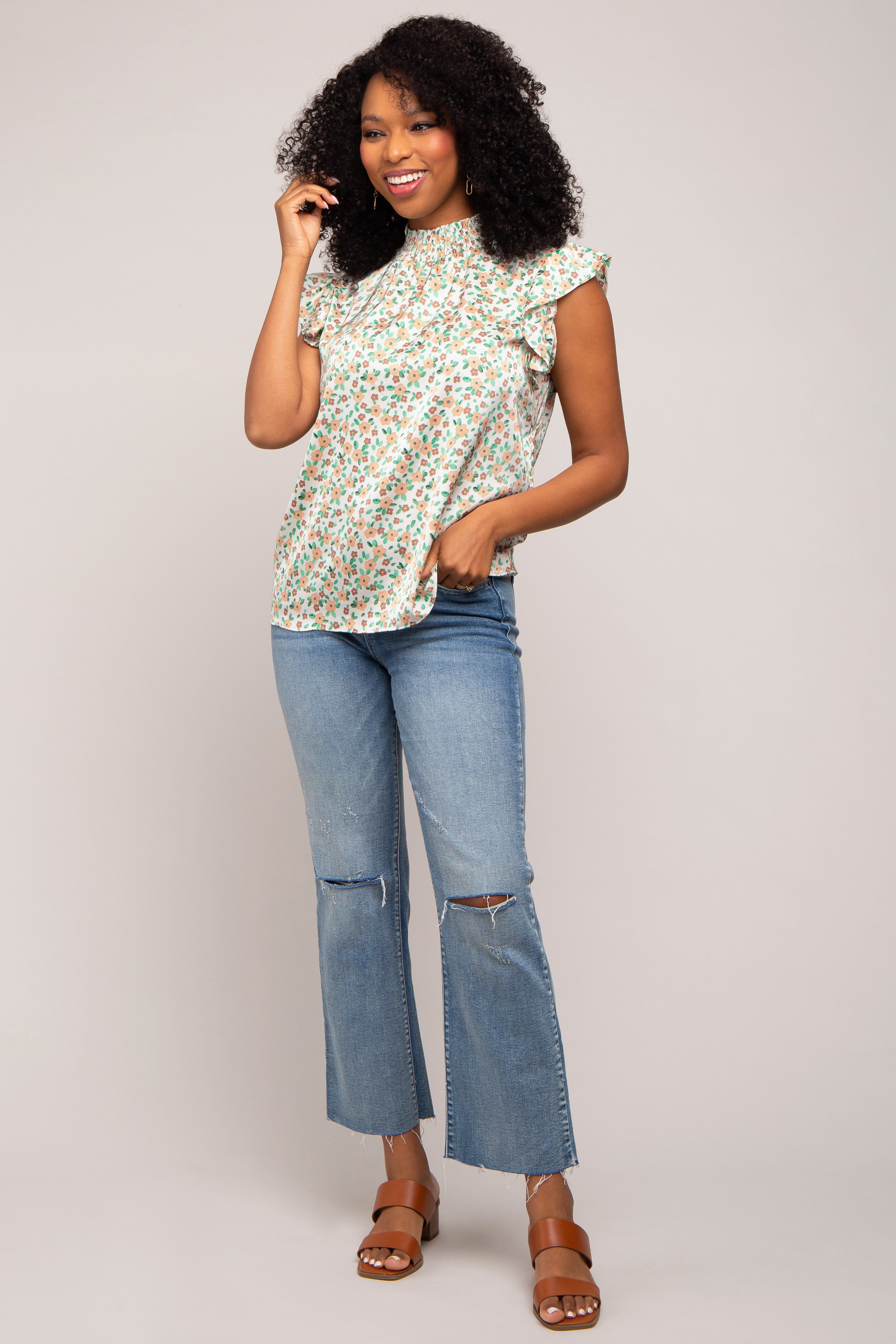 Beige Floral Satin Smocked Neck Blouse sold by Pinkblush