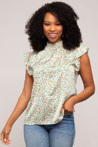 Beige Floral Satin Smocked Neck Blouse sold by Pinkblush