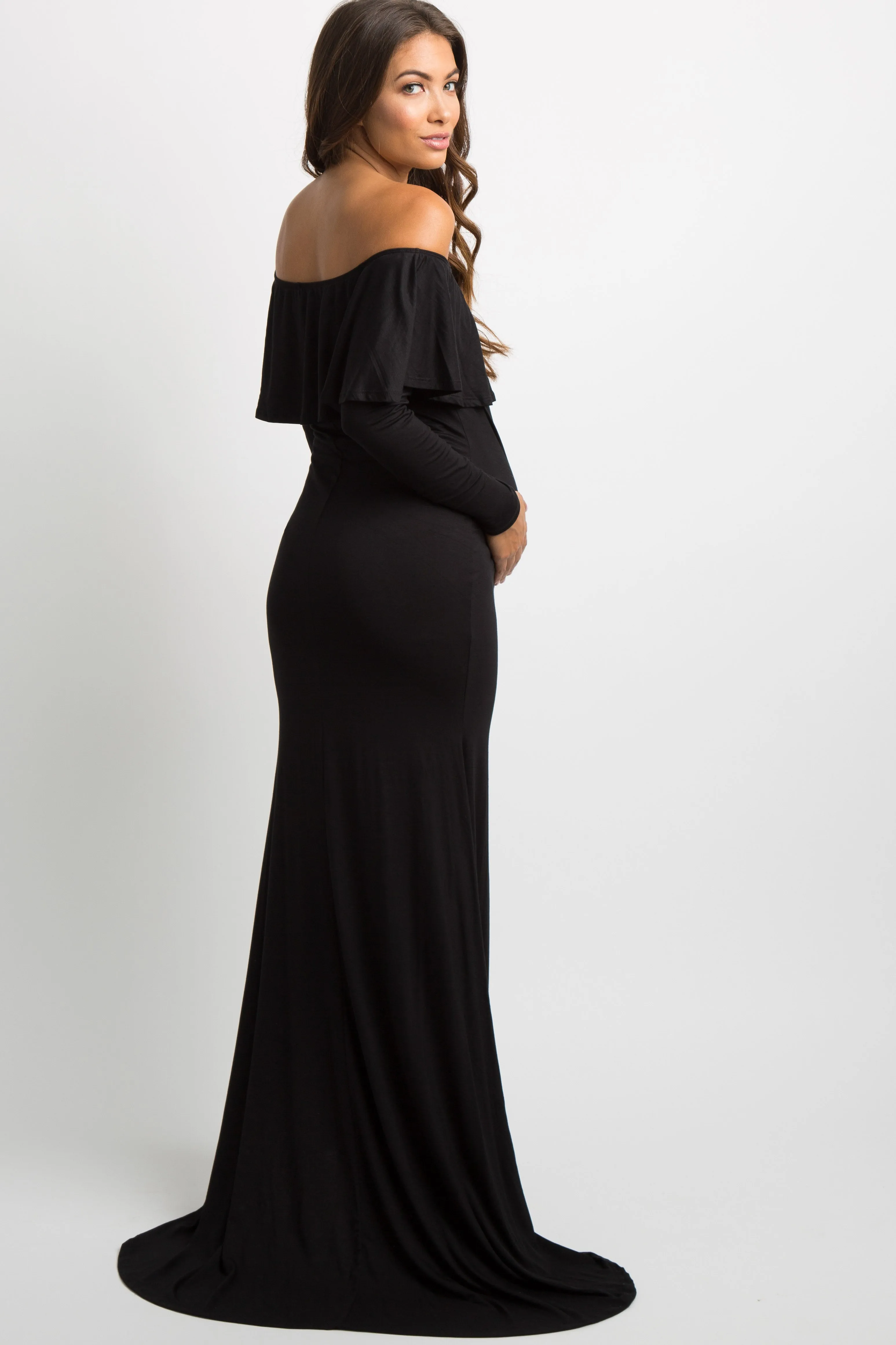 Black Off Shoulder Ruffle Maternity Photoshoot Gown/Dress sold by Pinkblush product image thumbnail 4