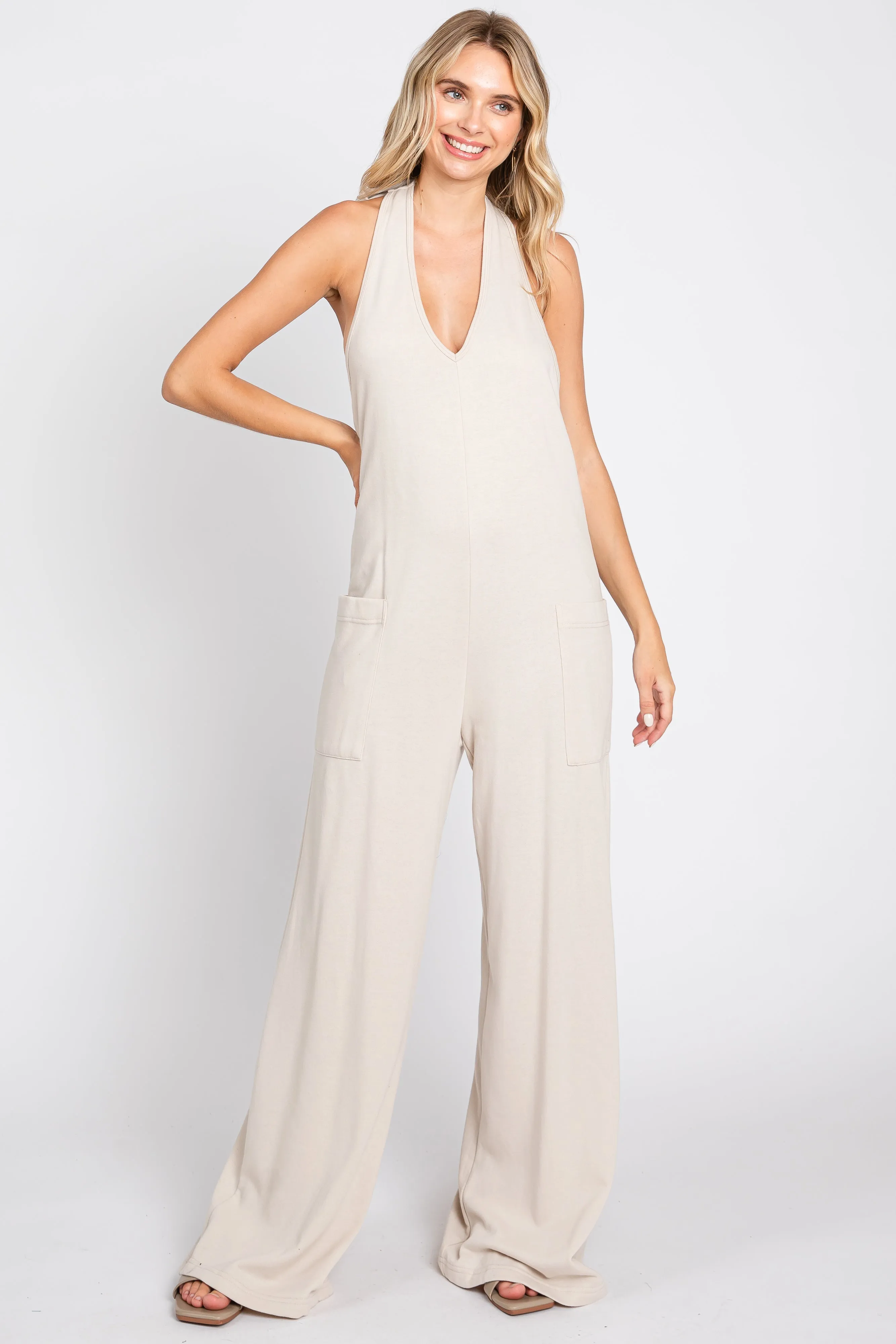 Beige Halter Front Pocket Knit Maternity Jumpsuit sold by Pinkblush product image thumbnail 5